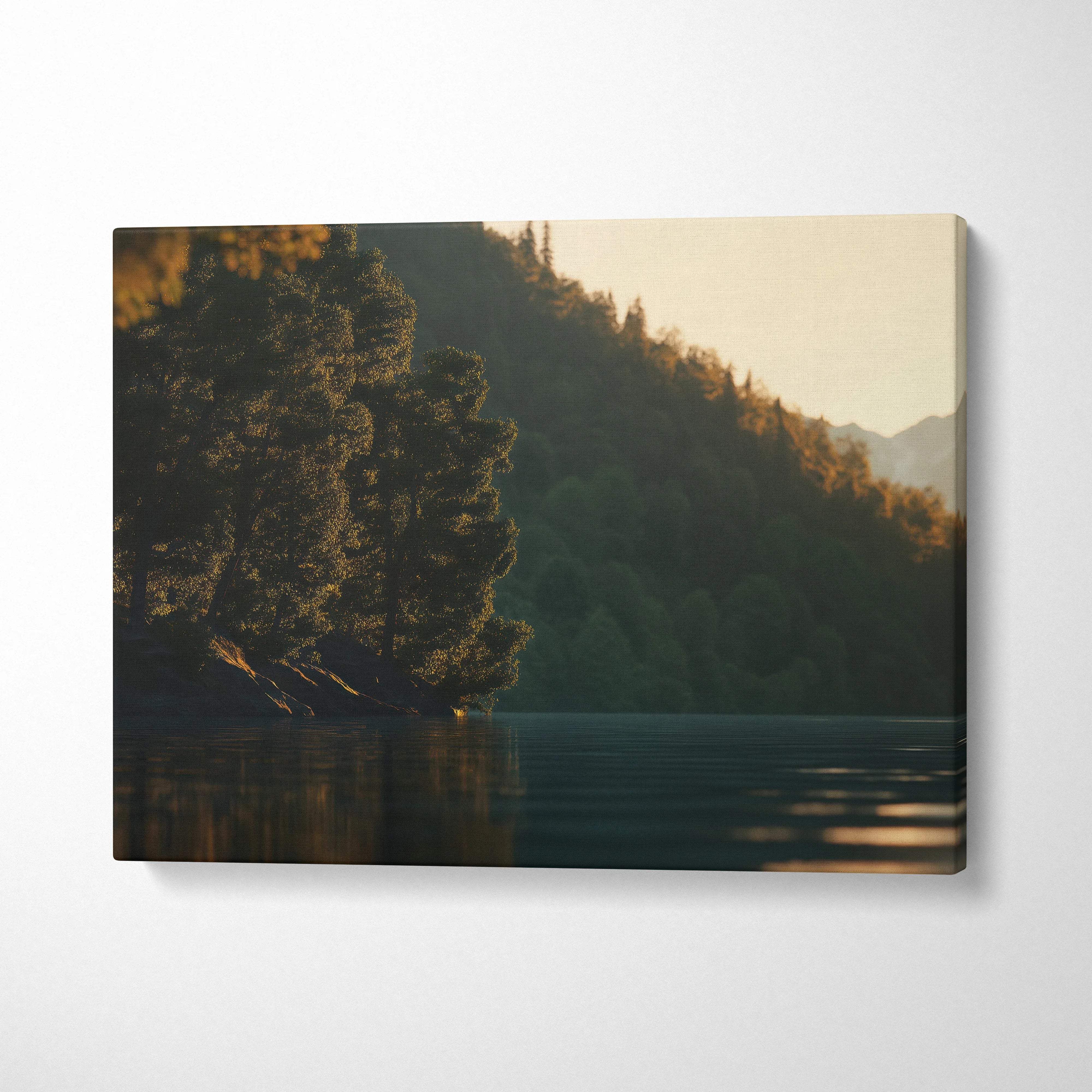 Serene lakeside canvas wall art with sunlit trees, still lake, distant mountains, golden hour calm