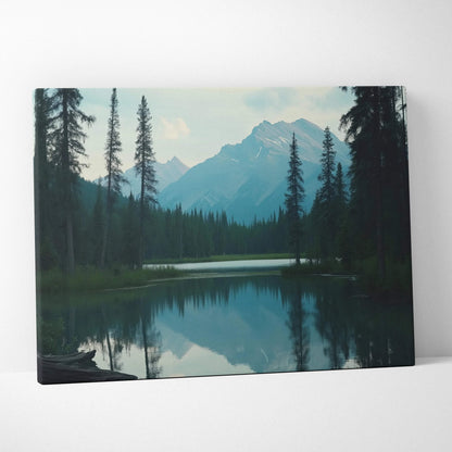 Canvas print of serene mountain lake with evergreens, snow peaks in calm blue tones