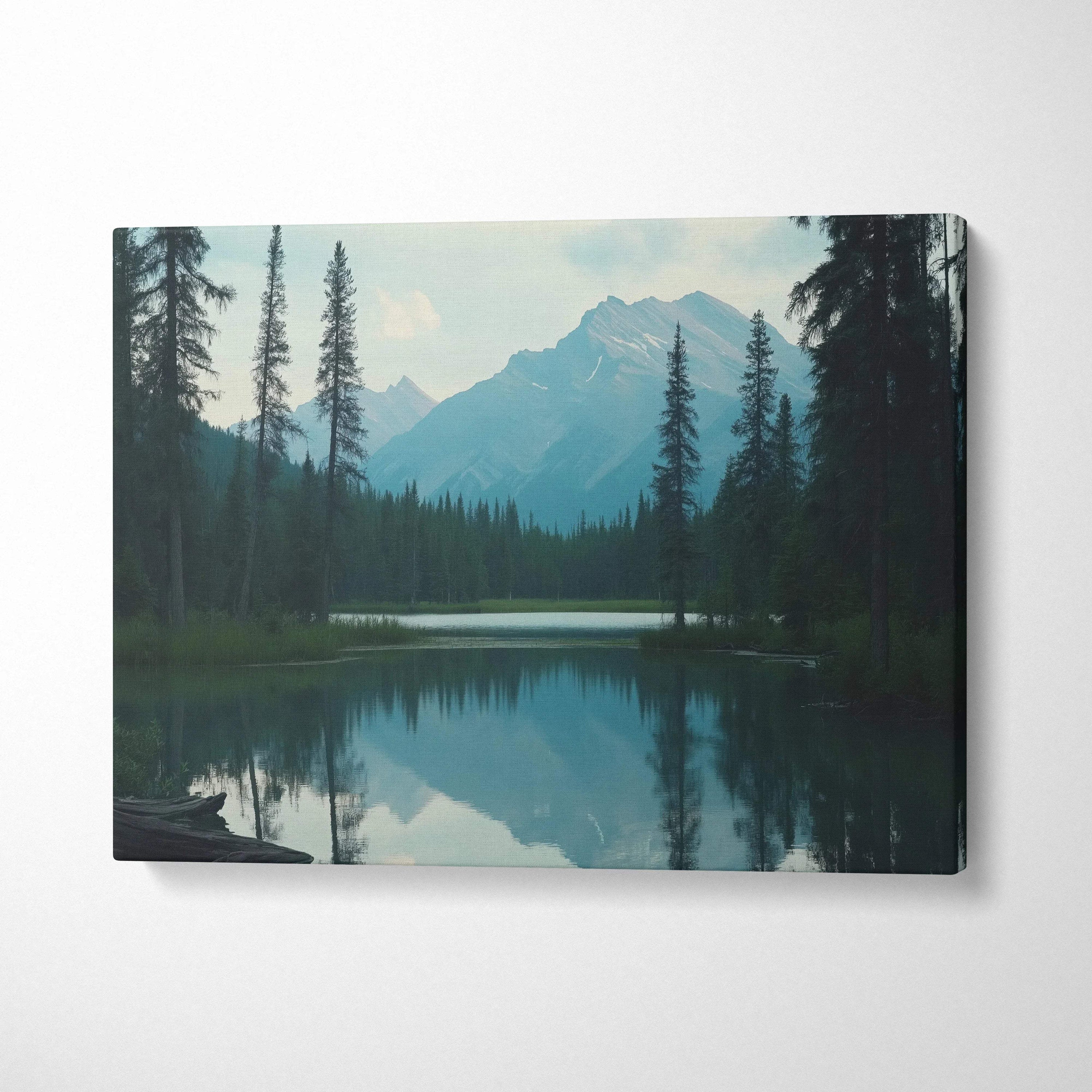 Canvas print of serene mountain lake with evergreens, snow peaks in calm blue waters