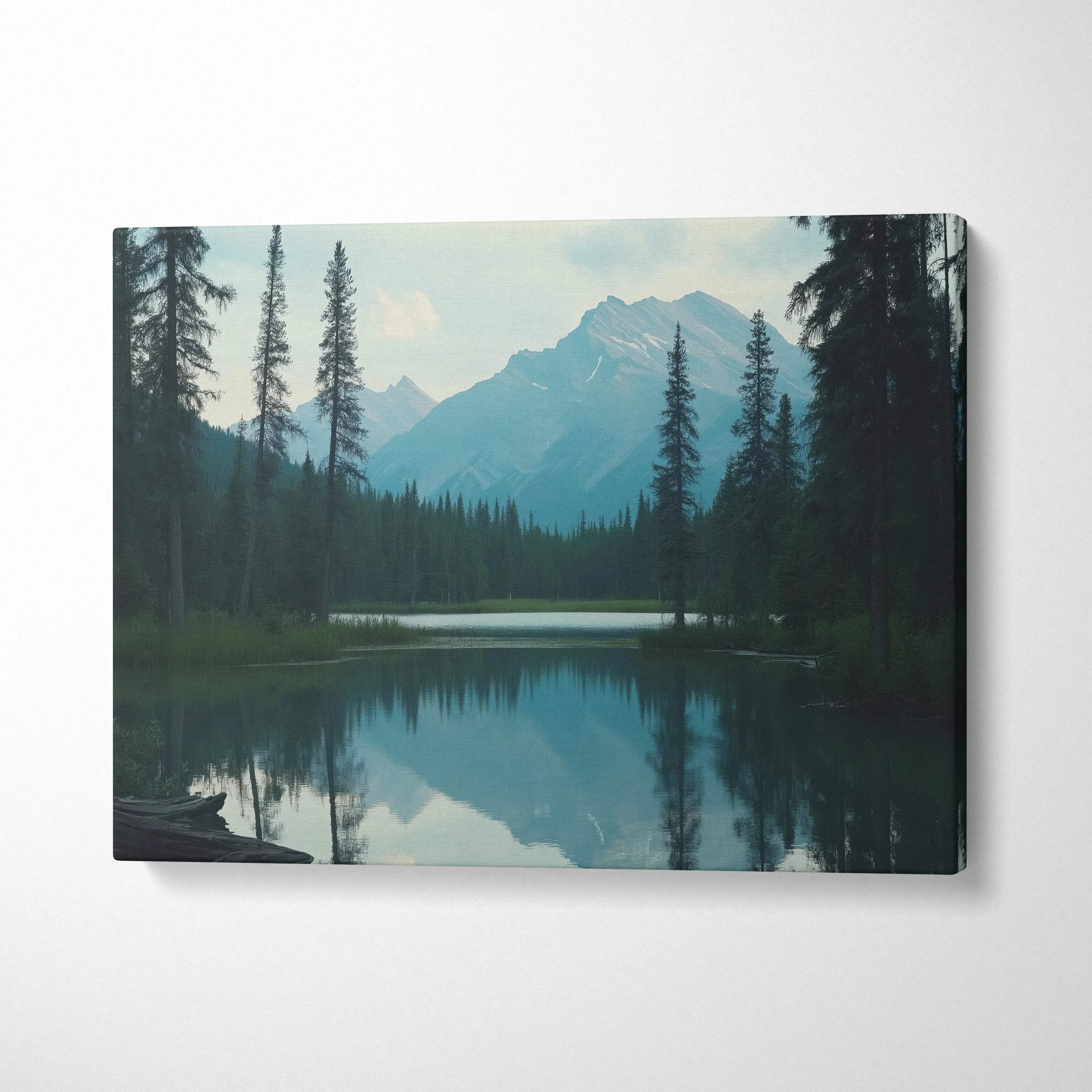 Canvas print of serene mountain lake with evergreens, snow peaks in calm blue waters