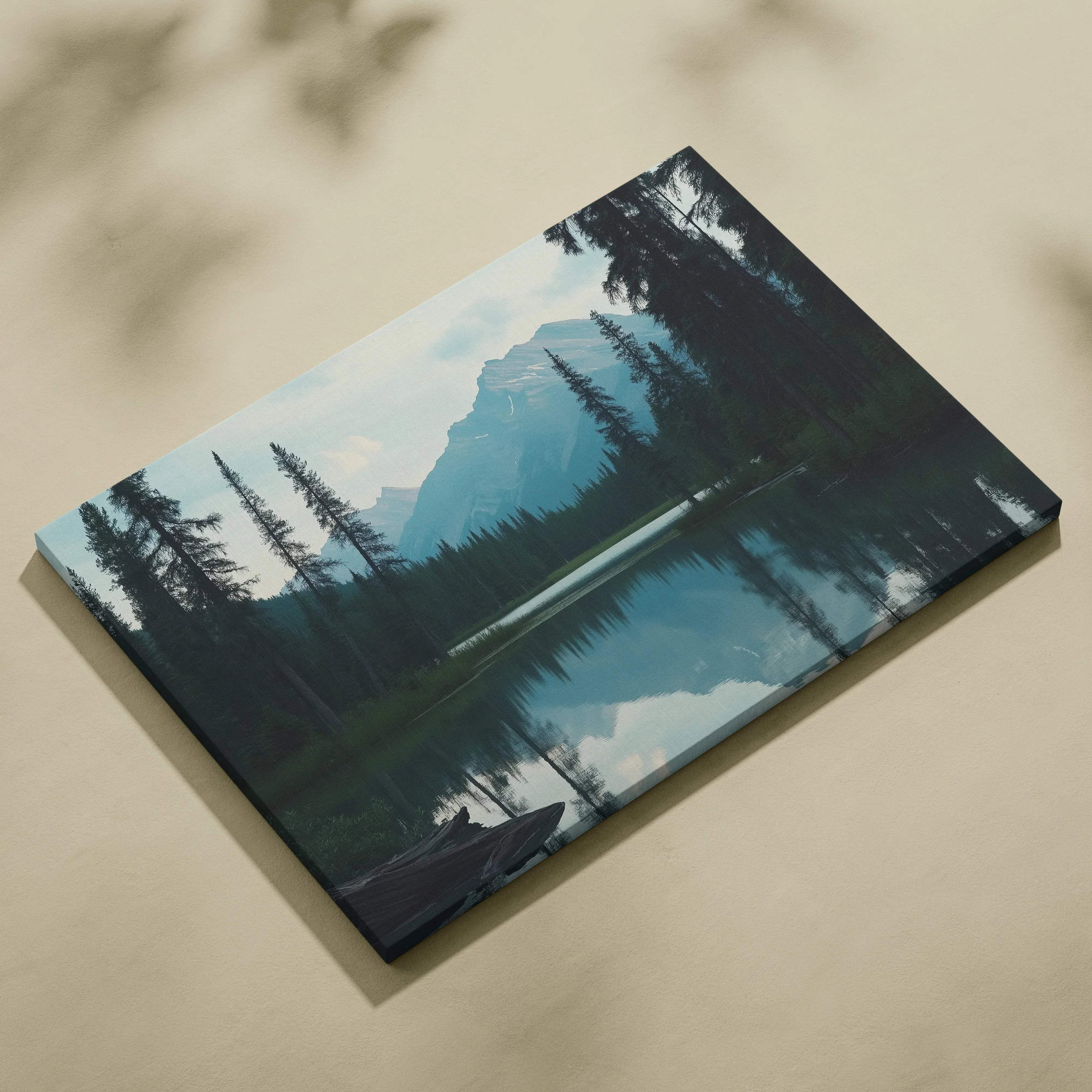 Canvas print of serene mountains behind forest lake in calm blue tones