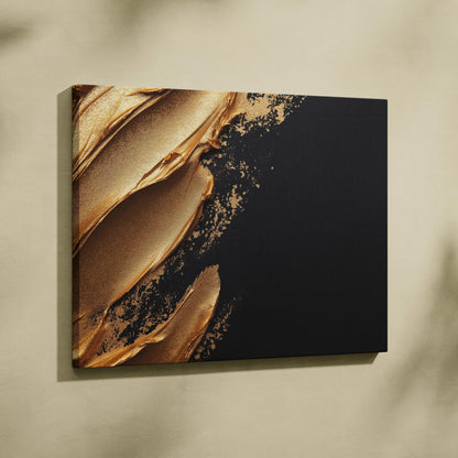 Canvas art featuring modern abstract design with gold textured strokes on a black background.