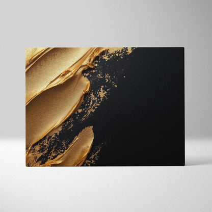 Black canvas wall art with bold, textured gold abstract brushstrokes creating dynamic contrast.