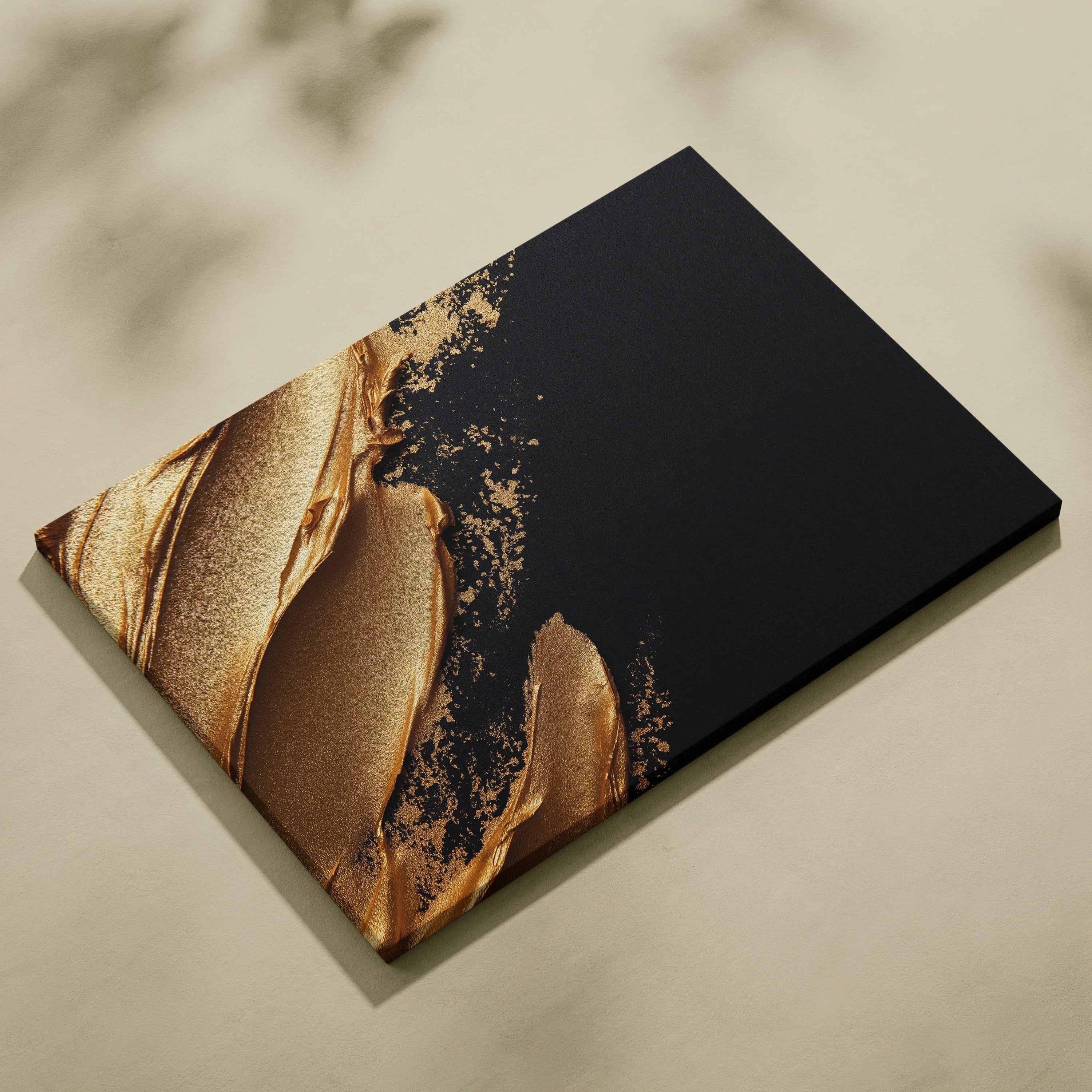 Abstract digital canvas art with gold textured strokes on a black background, modern wall decor.