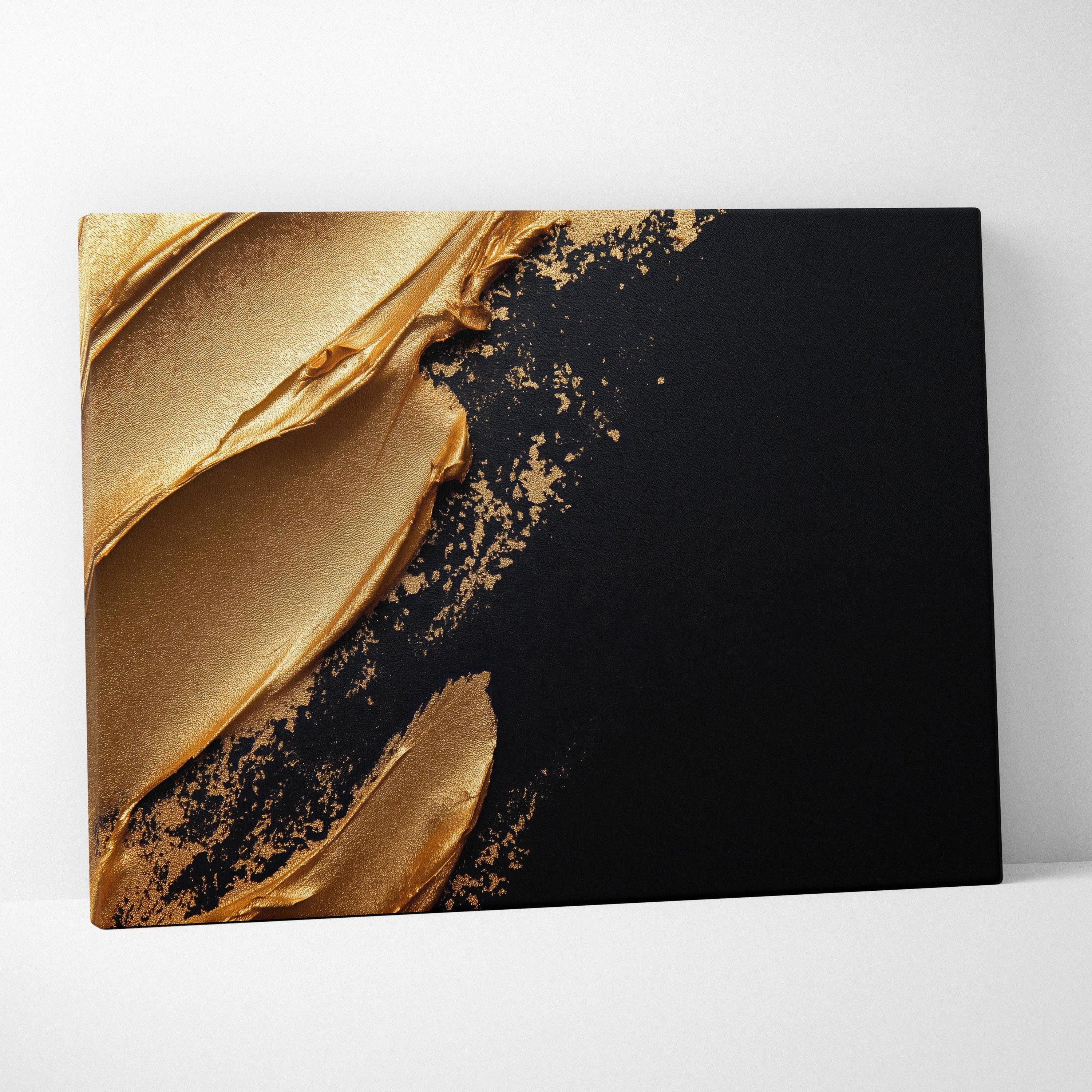 Abstract digital art canvas with textured gold brush strokes on a black background for modern wall decor.