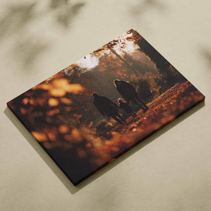 Autumn nature digital art canvas featuring golden leaves and two people walking on a forest path wall art.