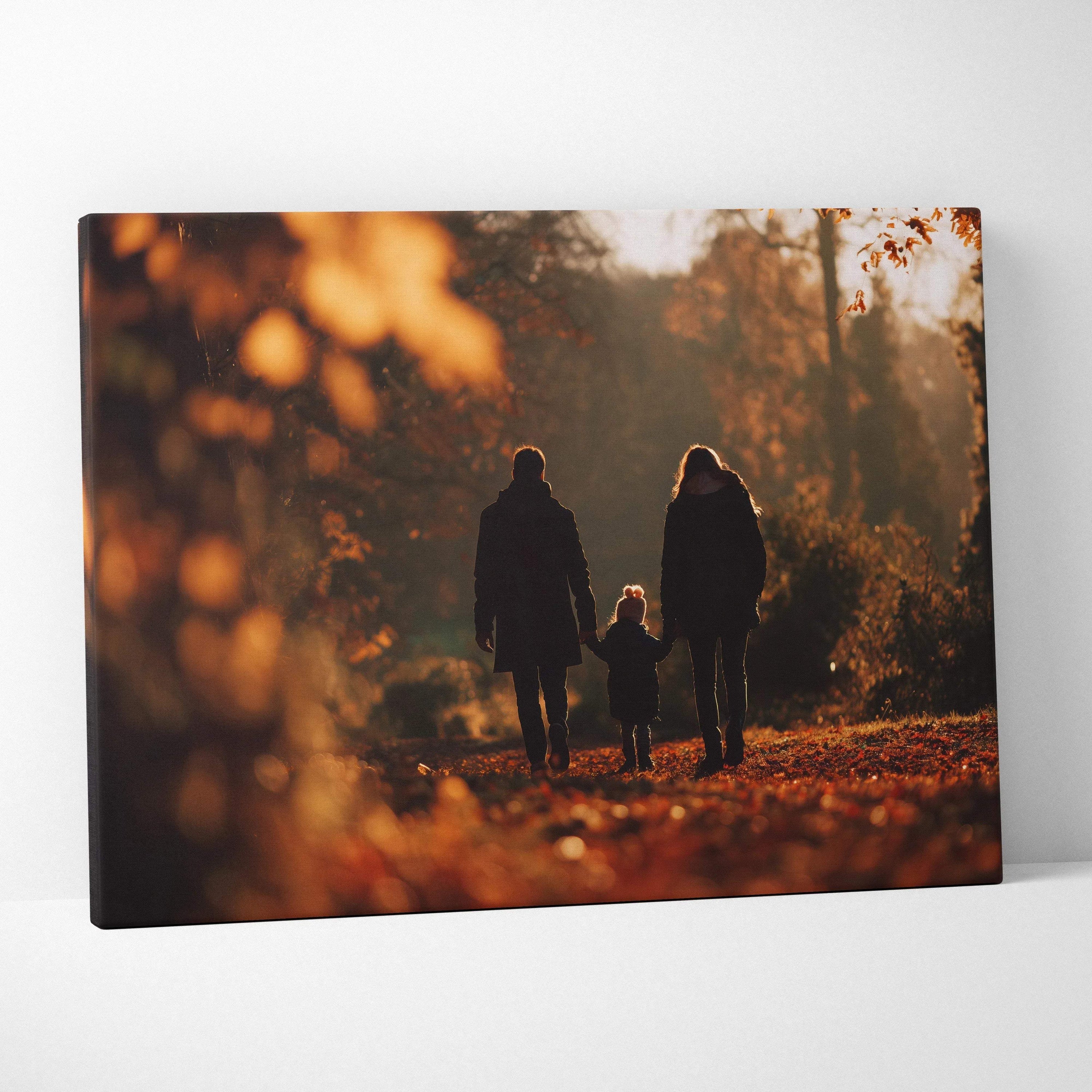 Autumn canvas art showing silhouette of family walking through golden leaf-covered forest path wall art.