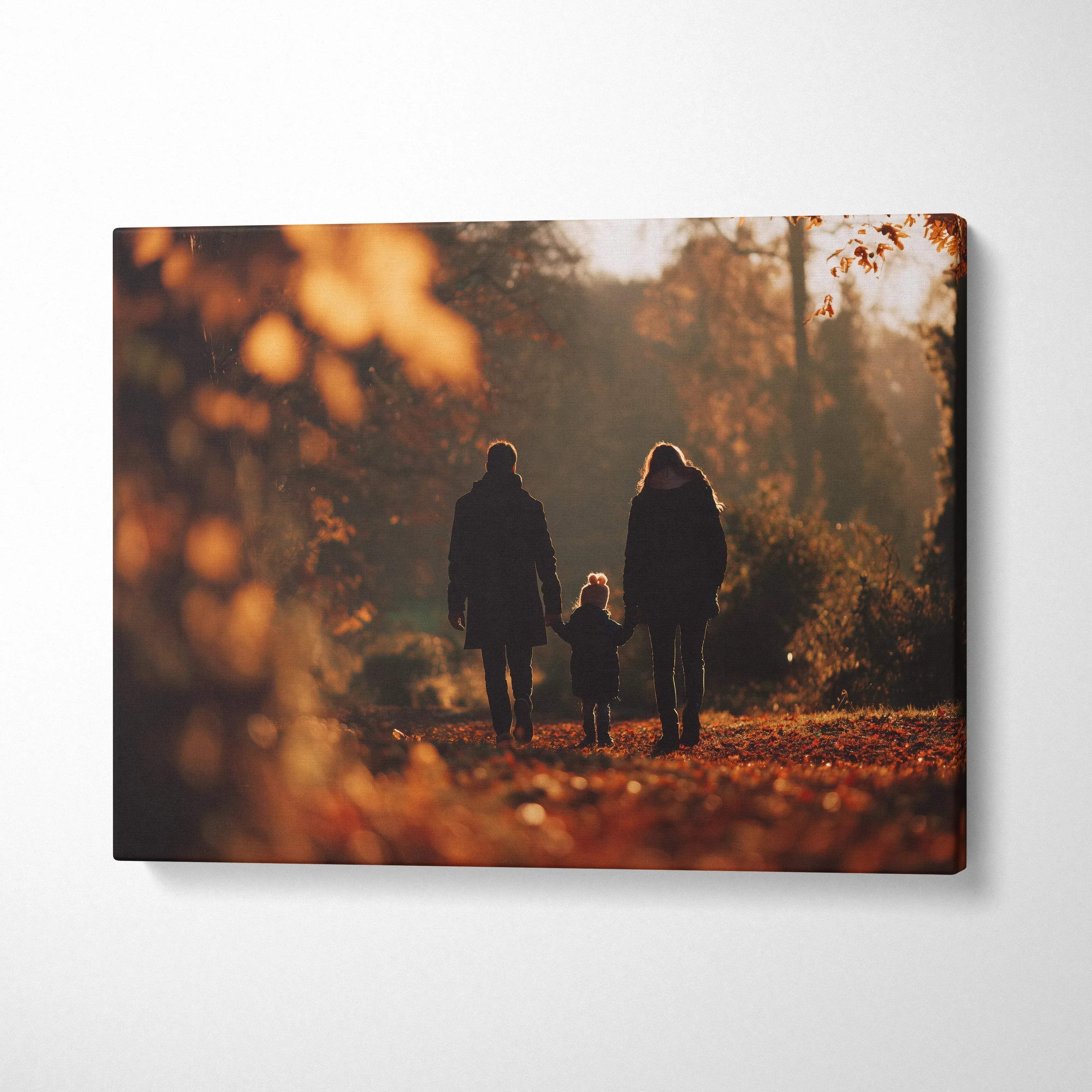 Autumn canvas wall art featuring a family walking through golden leaf-covered forest path at sunset.