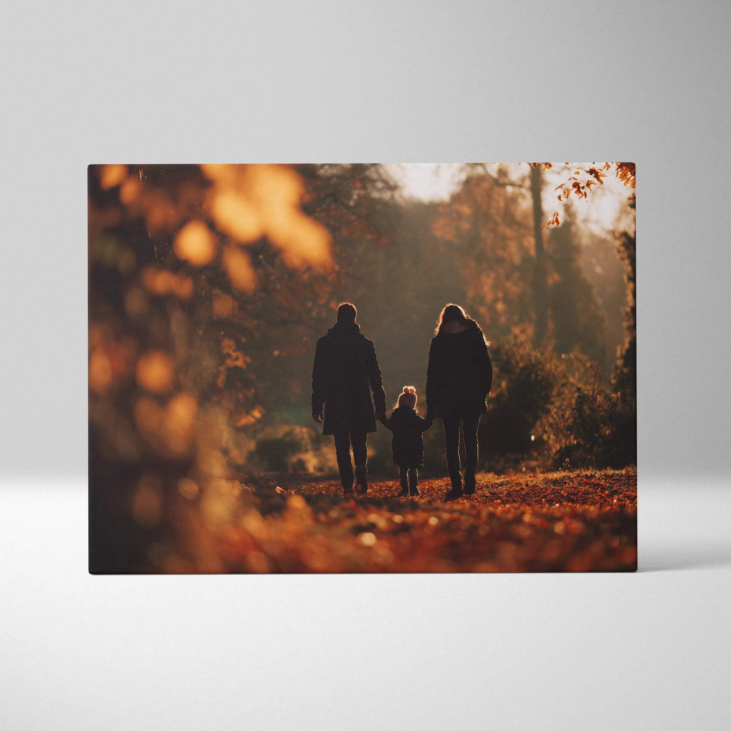 Canvas wall art featuring a family walking through a golden autumn forest with soft sunlight filtering through trees.
