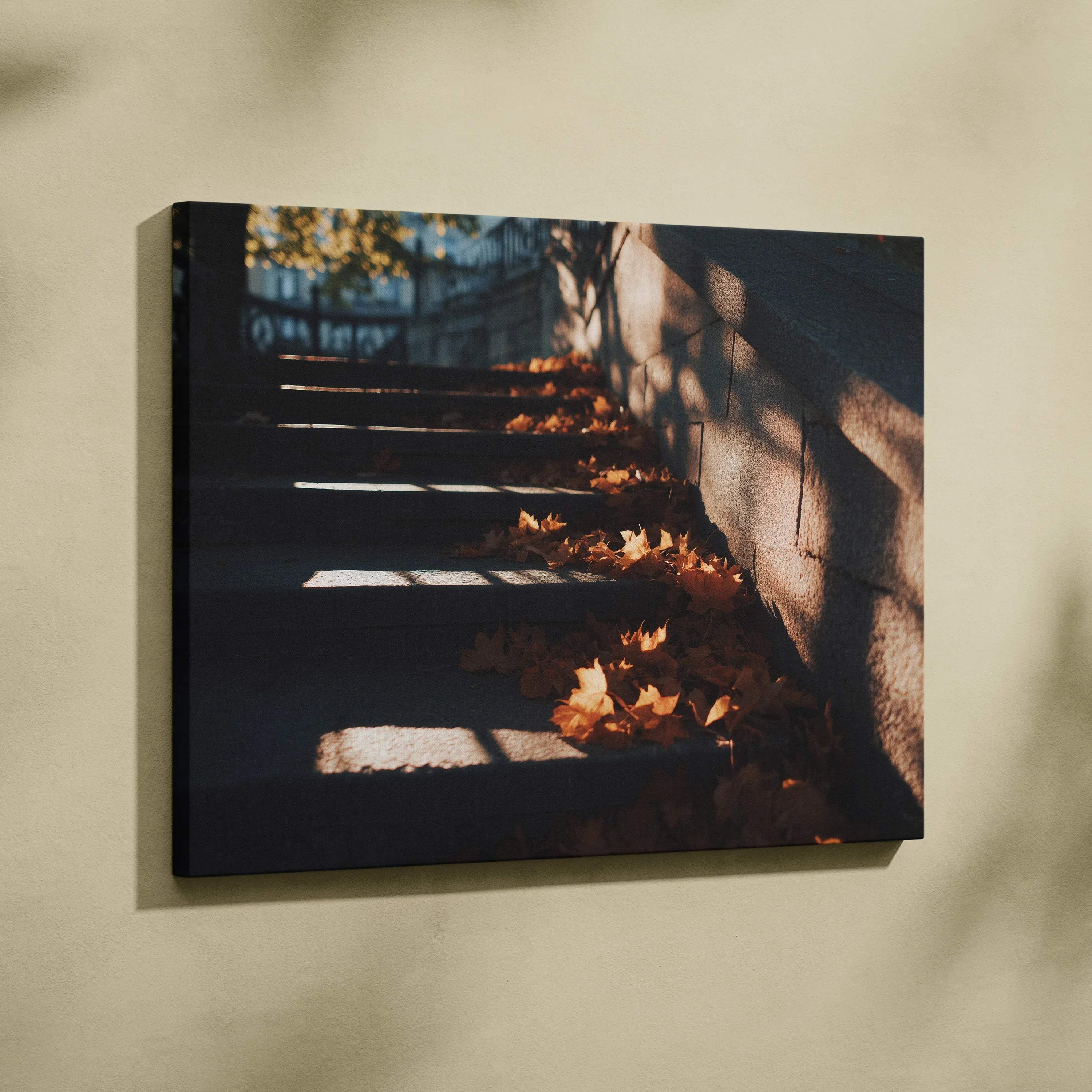Autumn nature canvas art with vibrant fallen leaves and shadowed stone steps wall art.