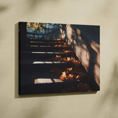 Autumn nature canvas art with vibrant fallen leaves and shadowed stone steps wall art.