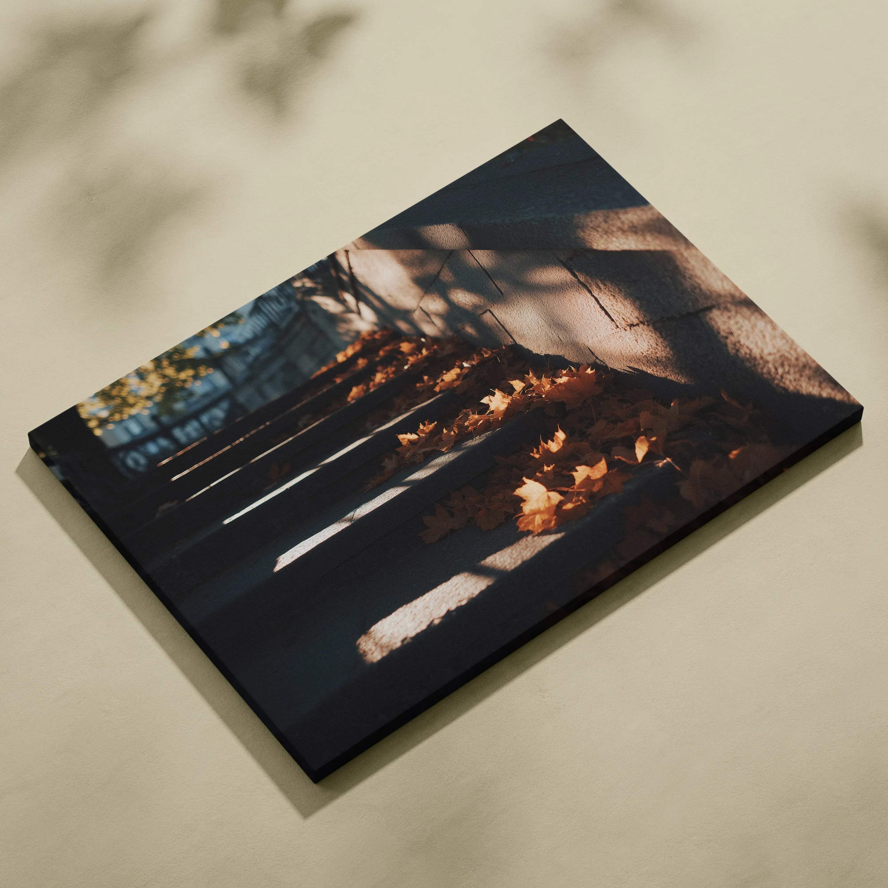 Autumn nature digital art canvas wall art with vibrant foliage and shadows in warm tones.