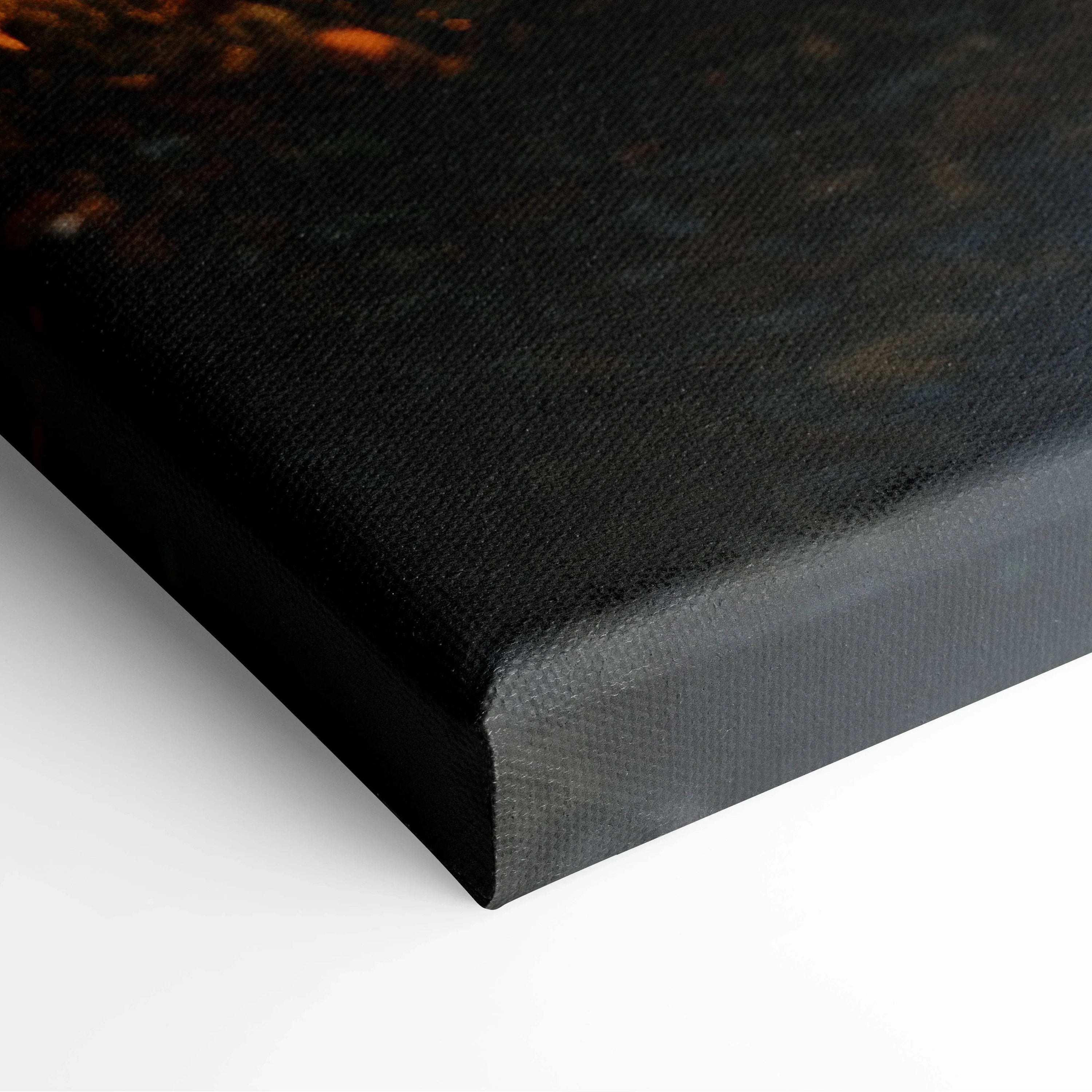 Close-up of corner detail on dark-toned canvas art with autumn nature theme for wall art display.