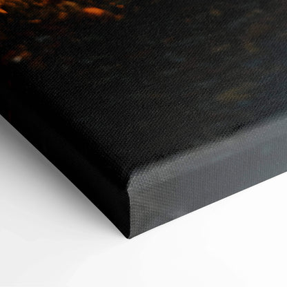 Close-up of corner detail on dark-toned canvas art with autumn nature theme for wall art display.