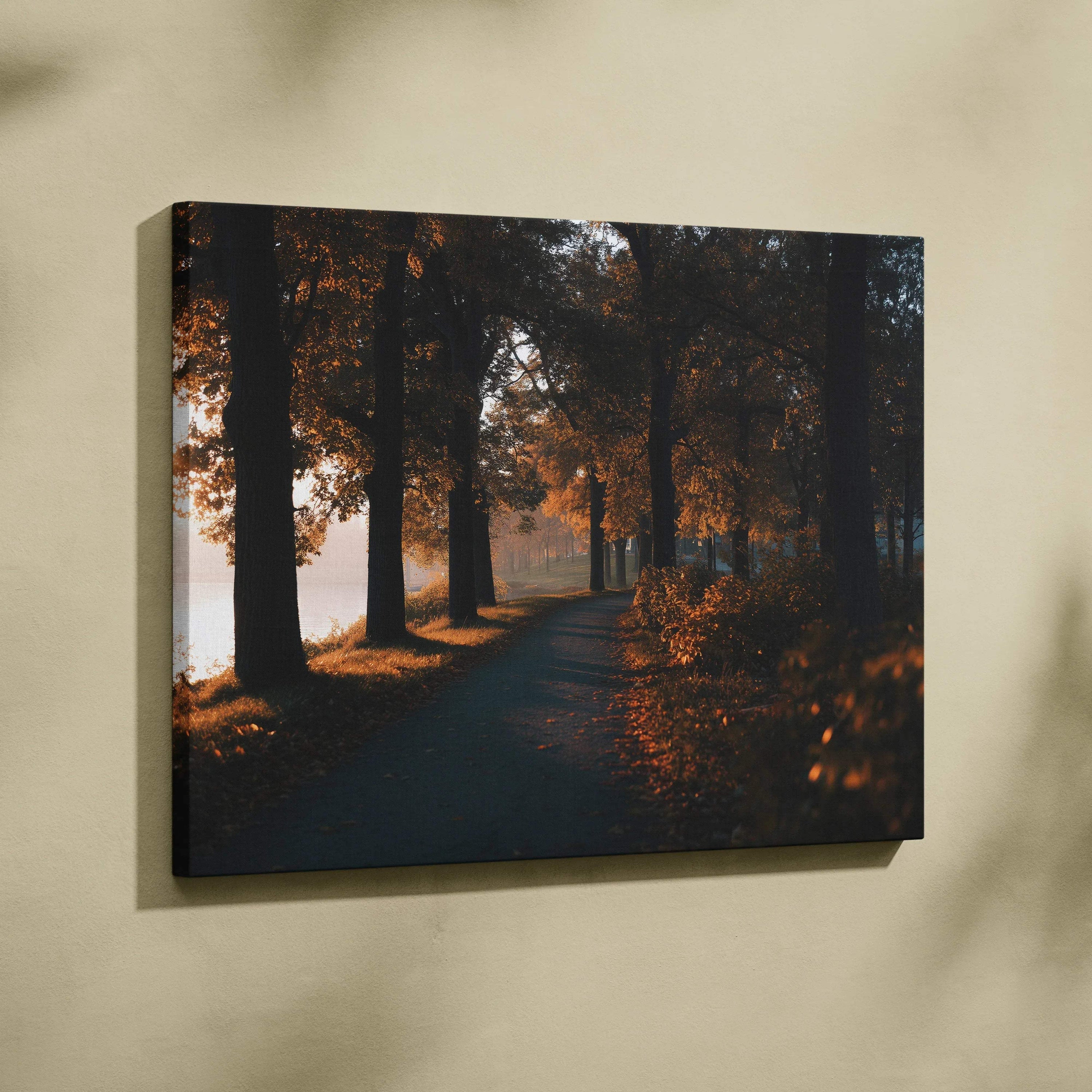 Autumn nature canvas art with fall foliage and serene tree-lined pathway wall art.
