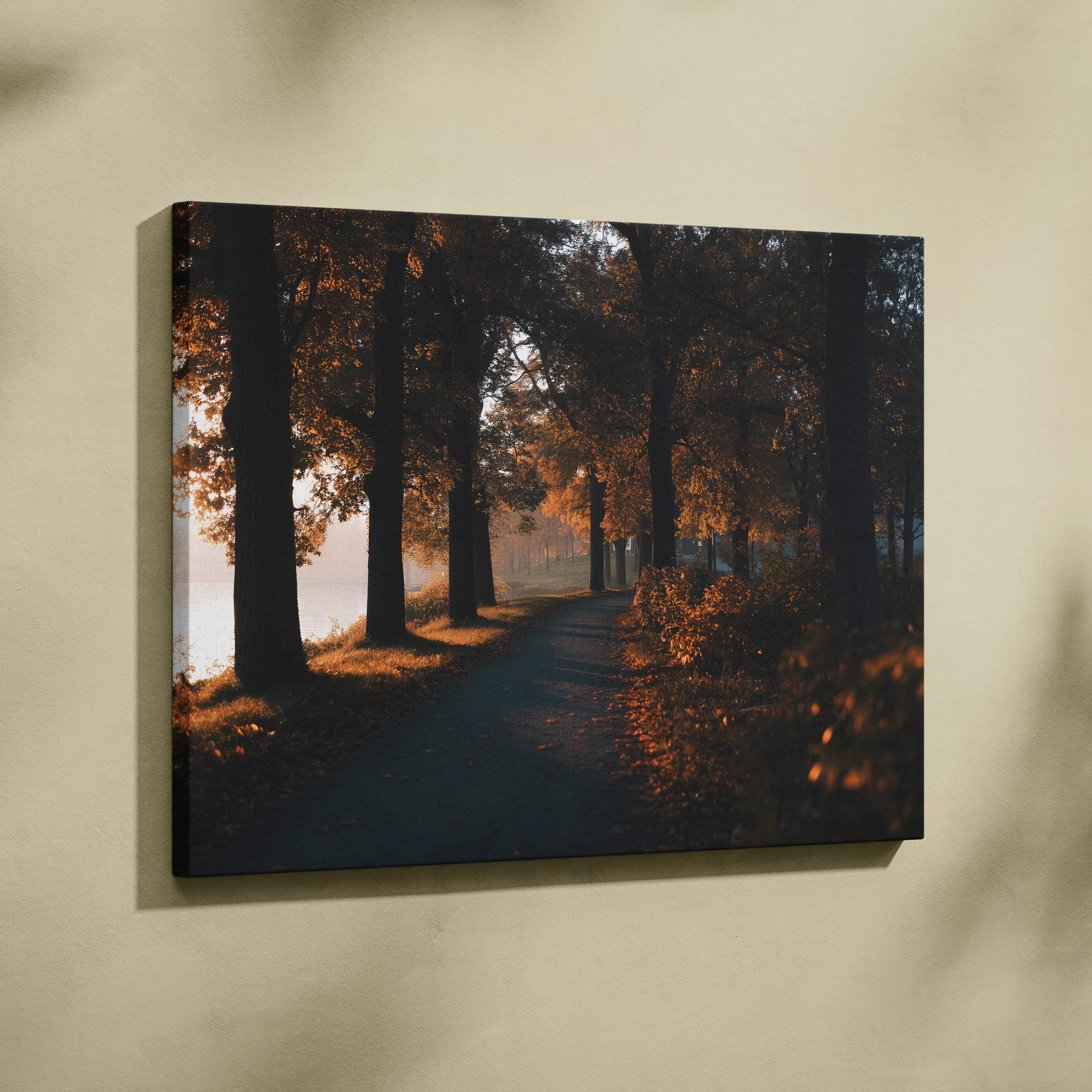 Autumn forest path canvas wall art showing a misty trail with warm golden hour light and fall foliage on trees