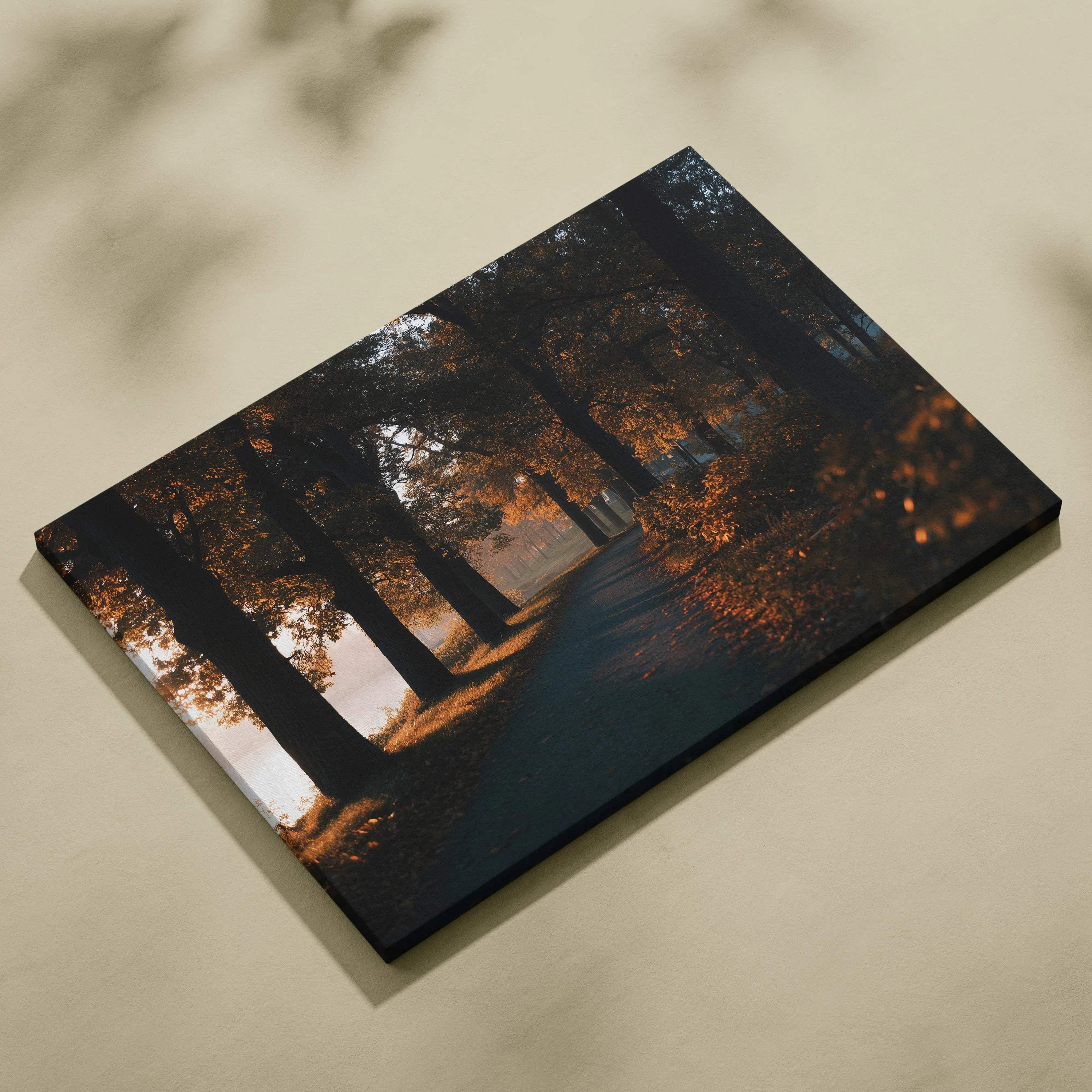 Autumn forest digital canvas art with vibrant fall foliage and shaded pathway wall art.