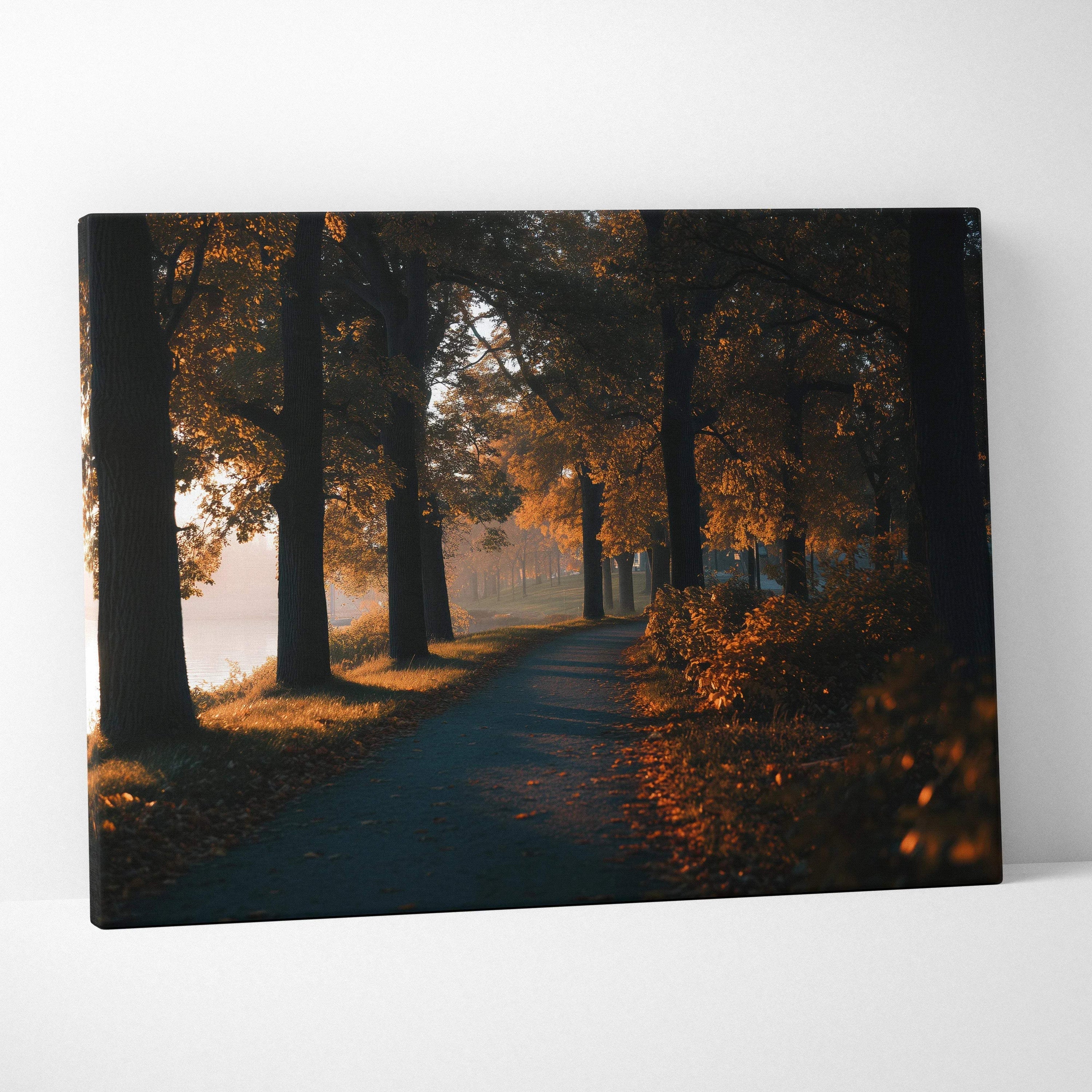 Autumn forest path with golden foliage and soft light, vibrant nature canvas art wall decor.