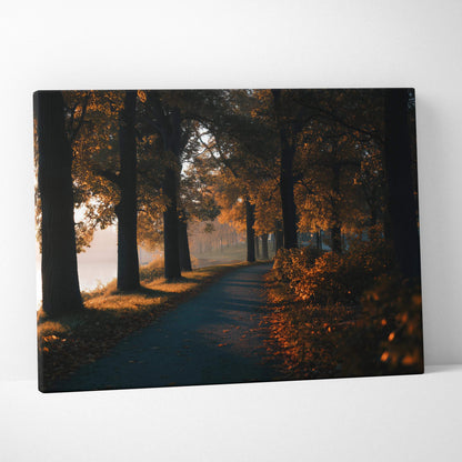 Autumn forest path with golden foliage and soft light, vibrant nature canvas art wall decor.