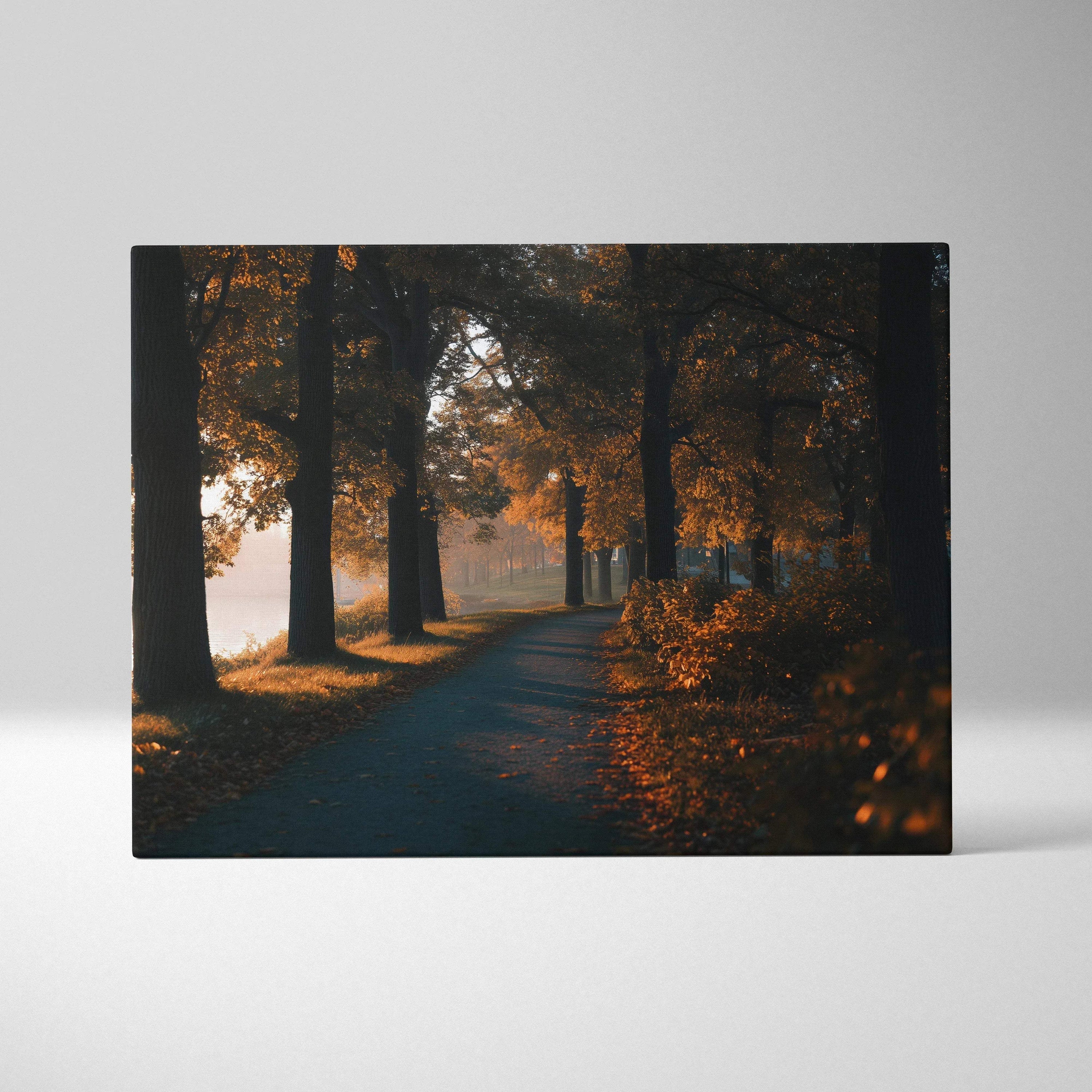 Autumn forest path with fall foliage in warm light digital art canvas wall art.