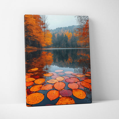 Autumn lake landscape canvas art with vibrant orange leaves floating on water, vertical wall art.