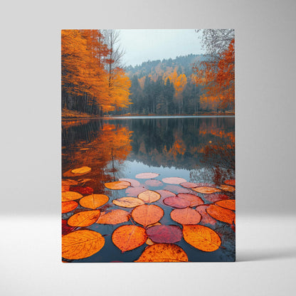 Autumn leaves floating on calm water with forest reflection vibrant canvas wall art.