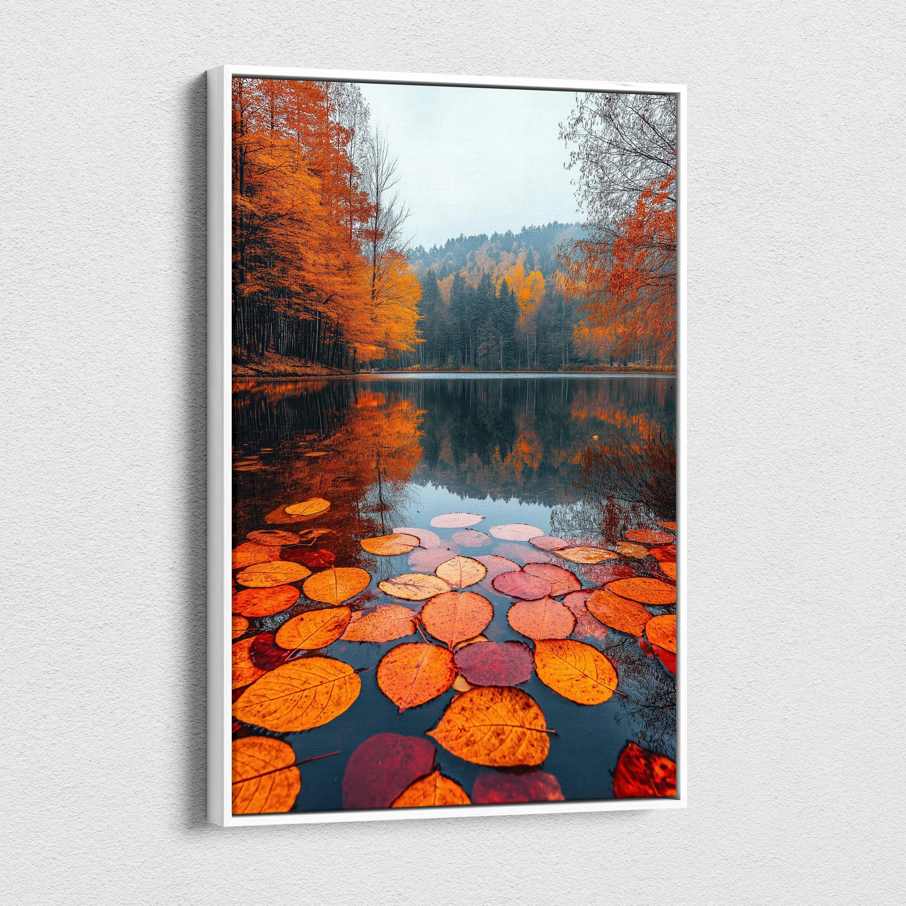Autumn forest landscape with orange leaves floating on water canvas wall art in vertical format.