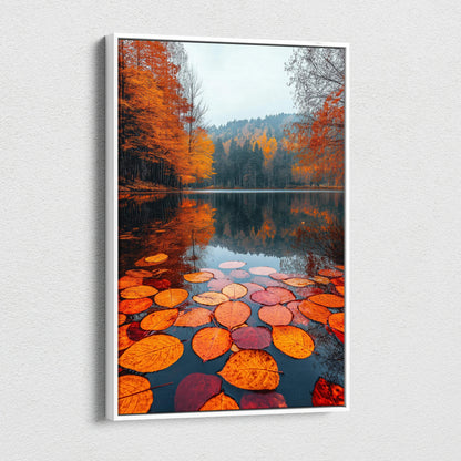 Autumn forest landscape with orange leaves floating on water canvas wall art in vertical format.