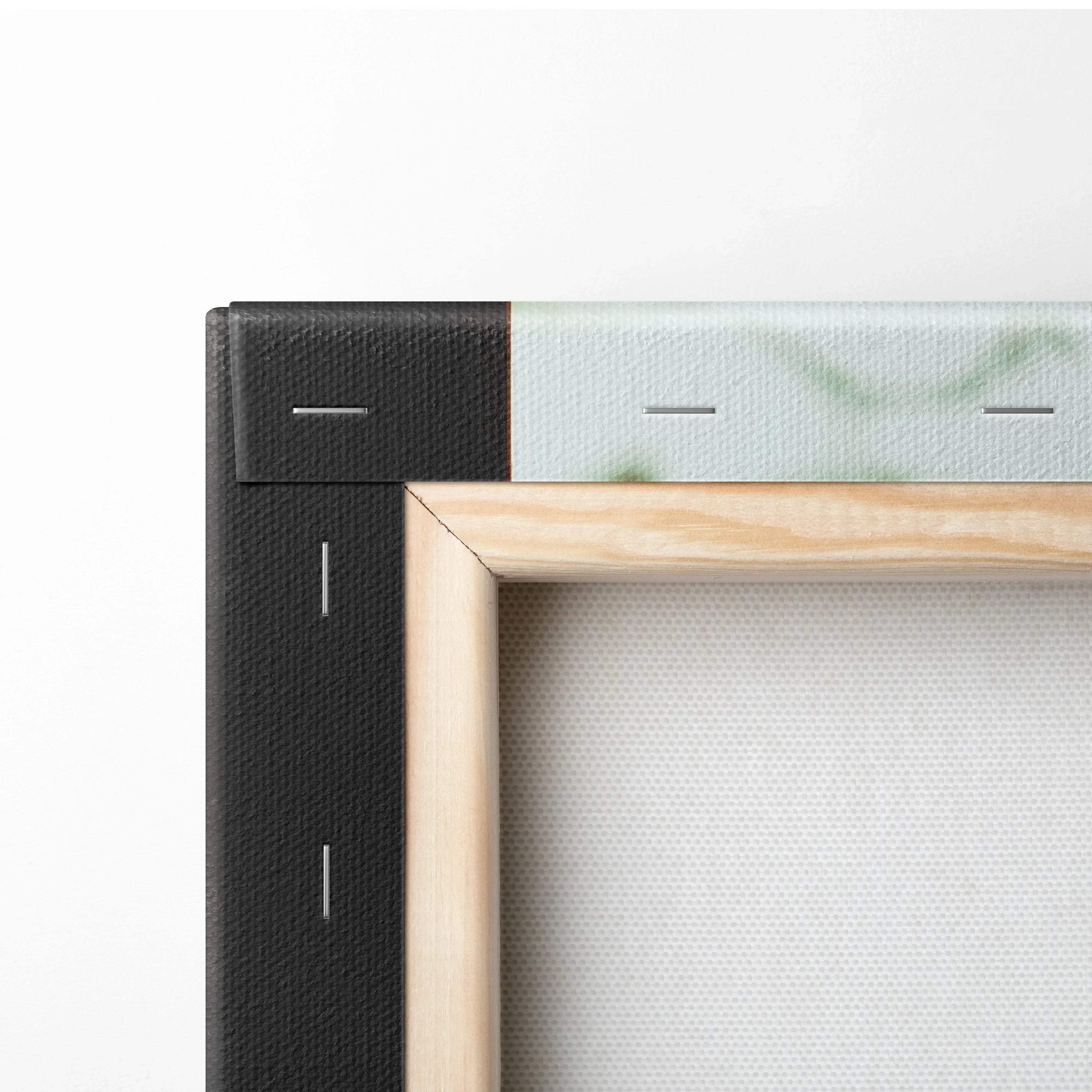 Close-up of wooden frame and canvas texture for wall art decor with stapled edges.