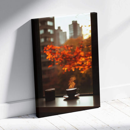 Vertical canvas wall art featuring steaming coffee cups with vivid autumn leaves and cityscape background, warm fall decor.