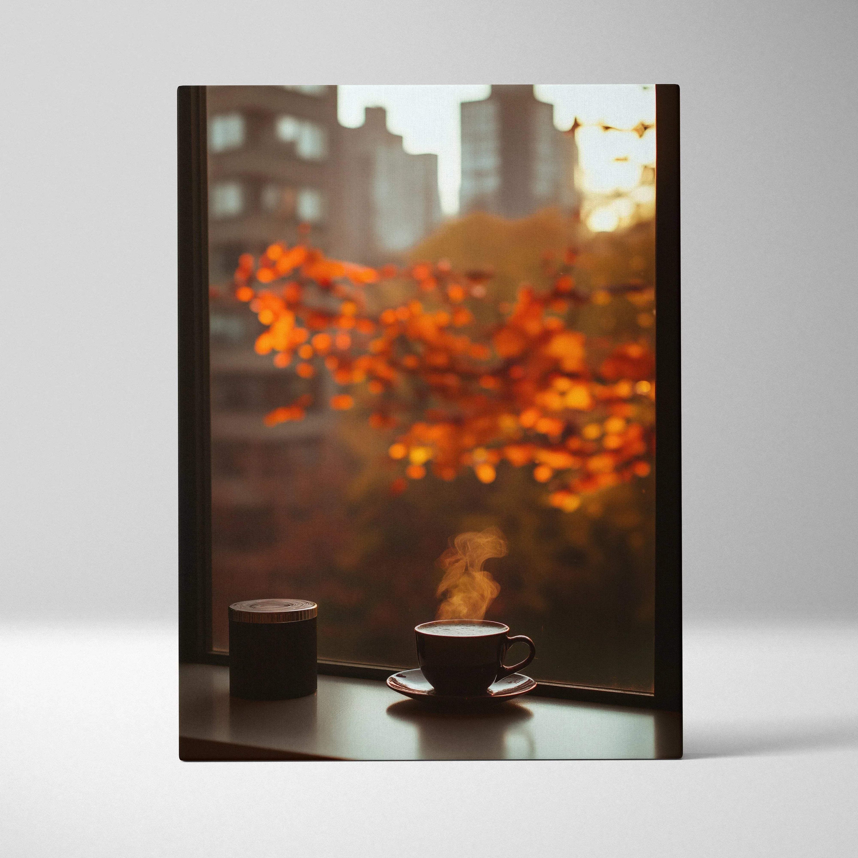 Autumn leaves and steaming coffee cups on canvas wall art with warm fall tones decor.