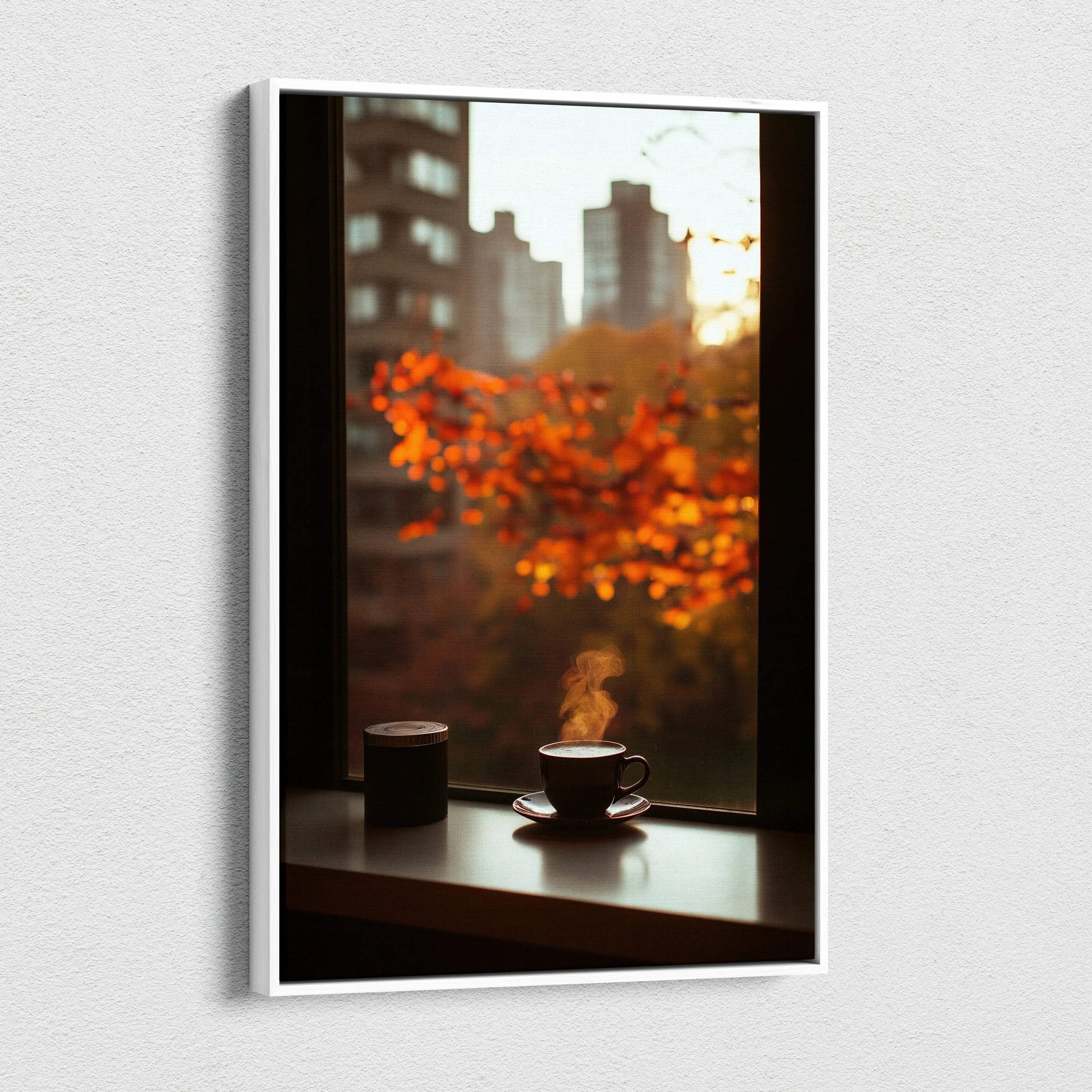 Vertical canvas wall art featuring steaming coffee cups on a windowsill with vivid autumn leaves.