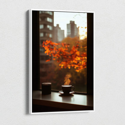 Vertical canvas wall art featuring steaming coffee cups on a windowsill with vivid autumn leaves.