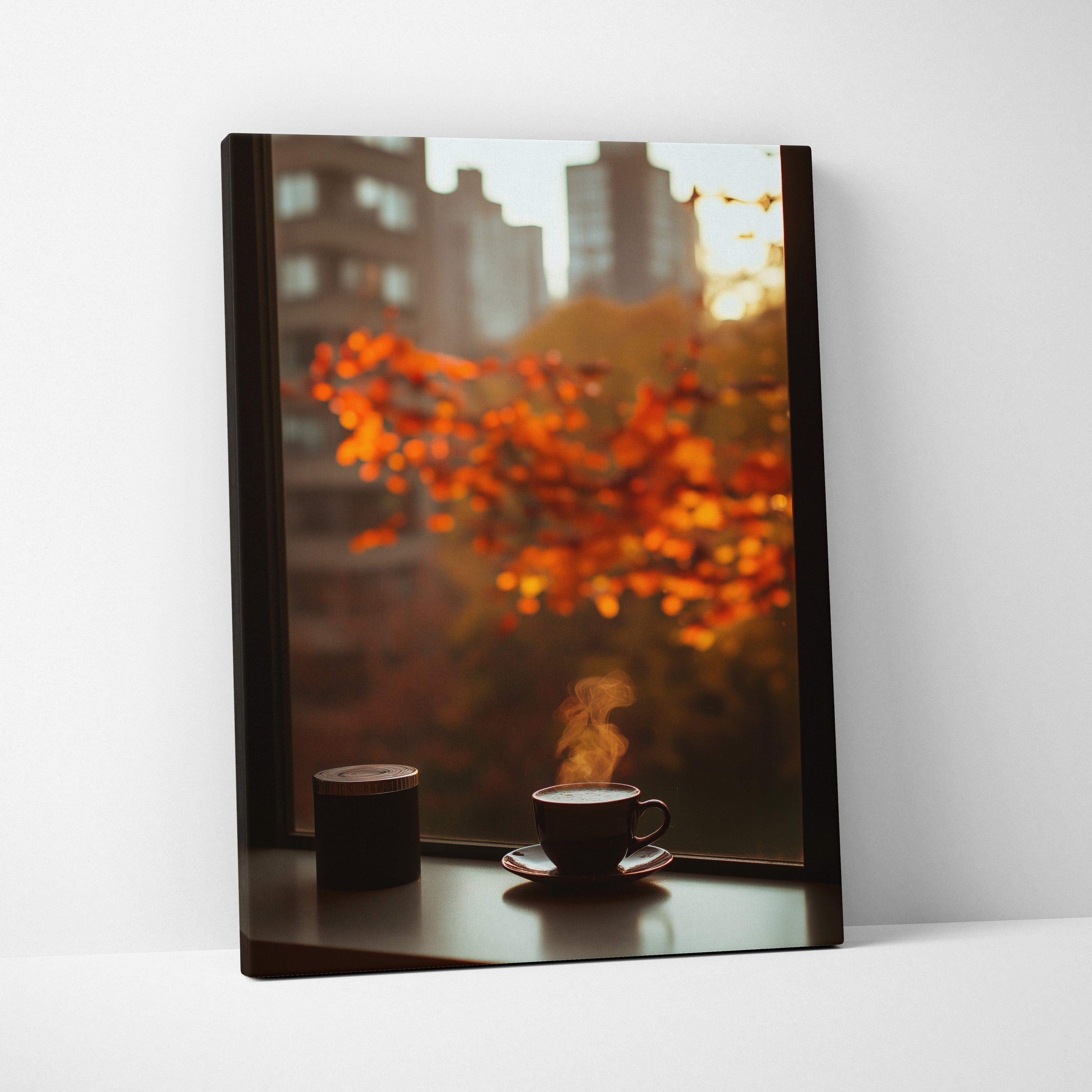 Vertical canvas wall art featuring steaming coffee cups with vivid autumn leaves and cityscape background as decor.