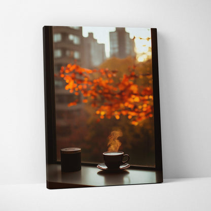 Vertical canvas wall art featuring steaming coffee cups with vivid autumn leaves and cityscape background as decor.