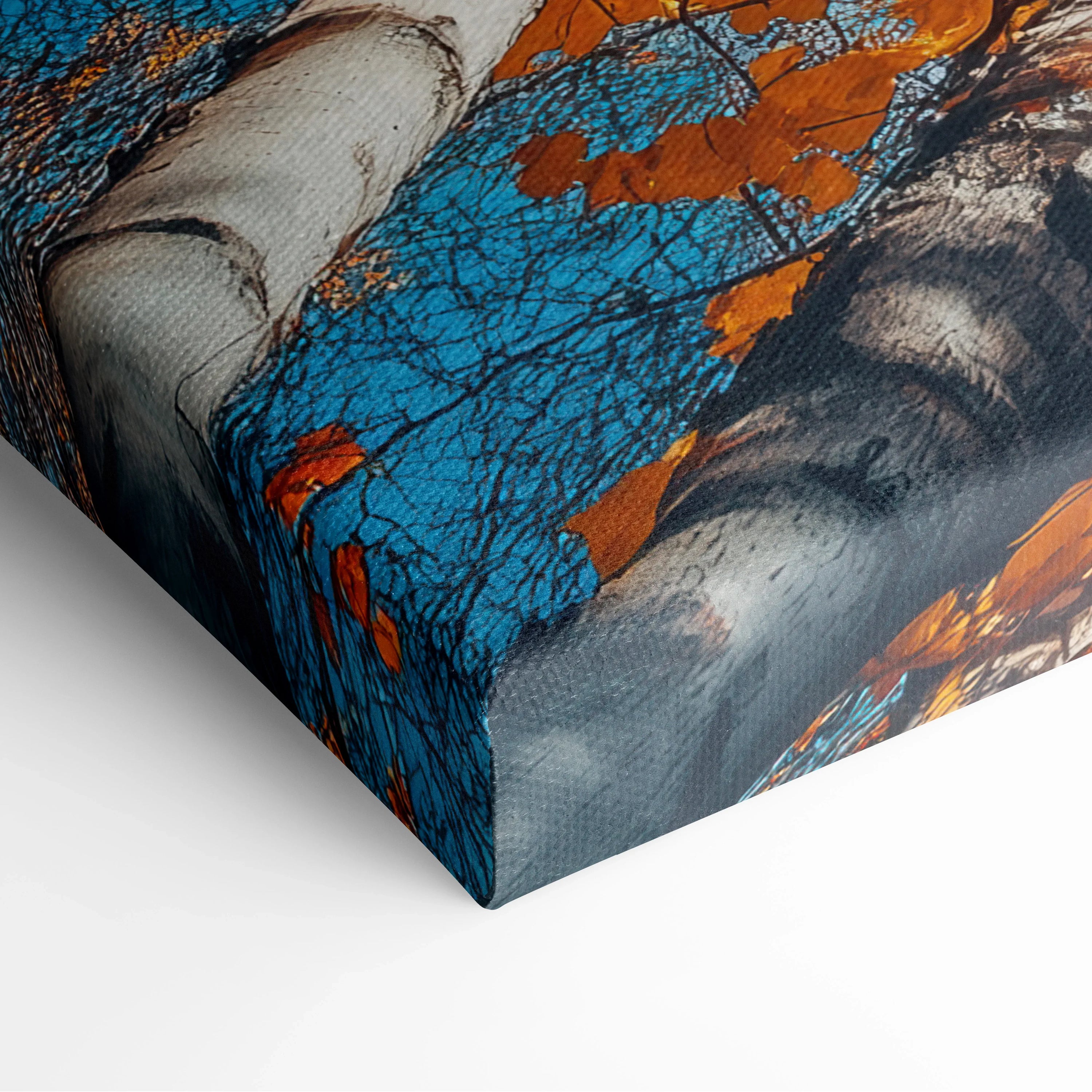 Nature-inspired autumn canvas art with vibrant orange leaves and birch tree trunks on blue background.