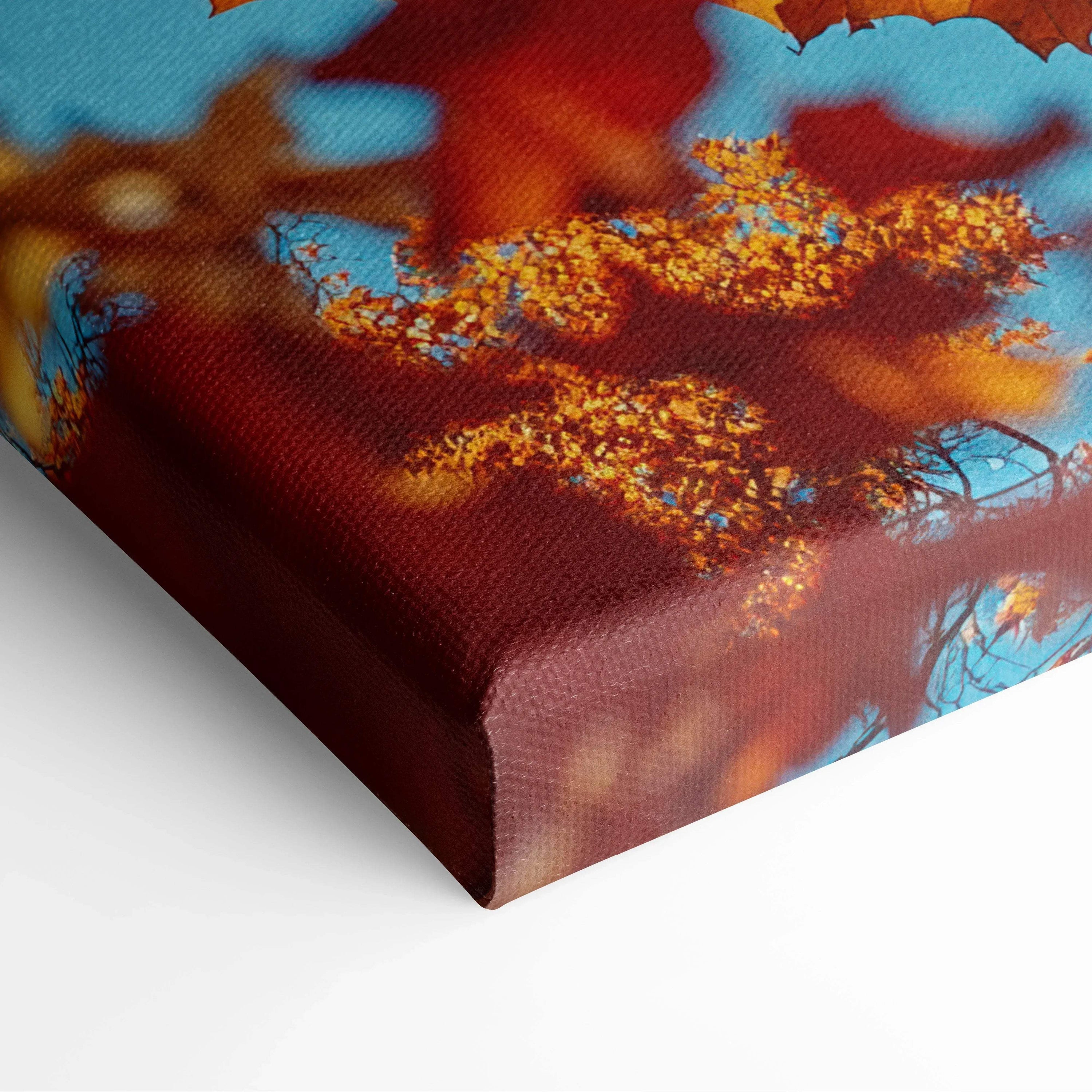 Close-up of vibrant autumn leaves on canvas art with rich red and gold tones, wall art detail.