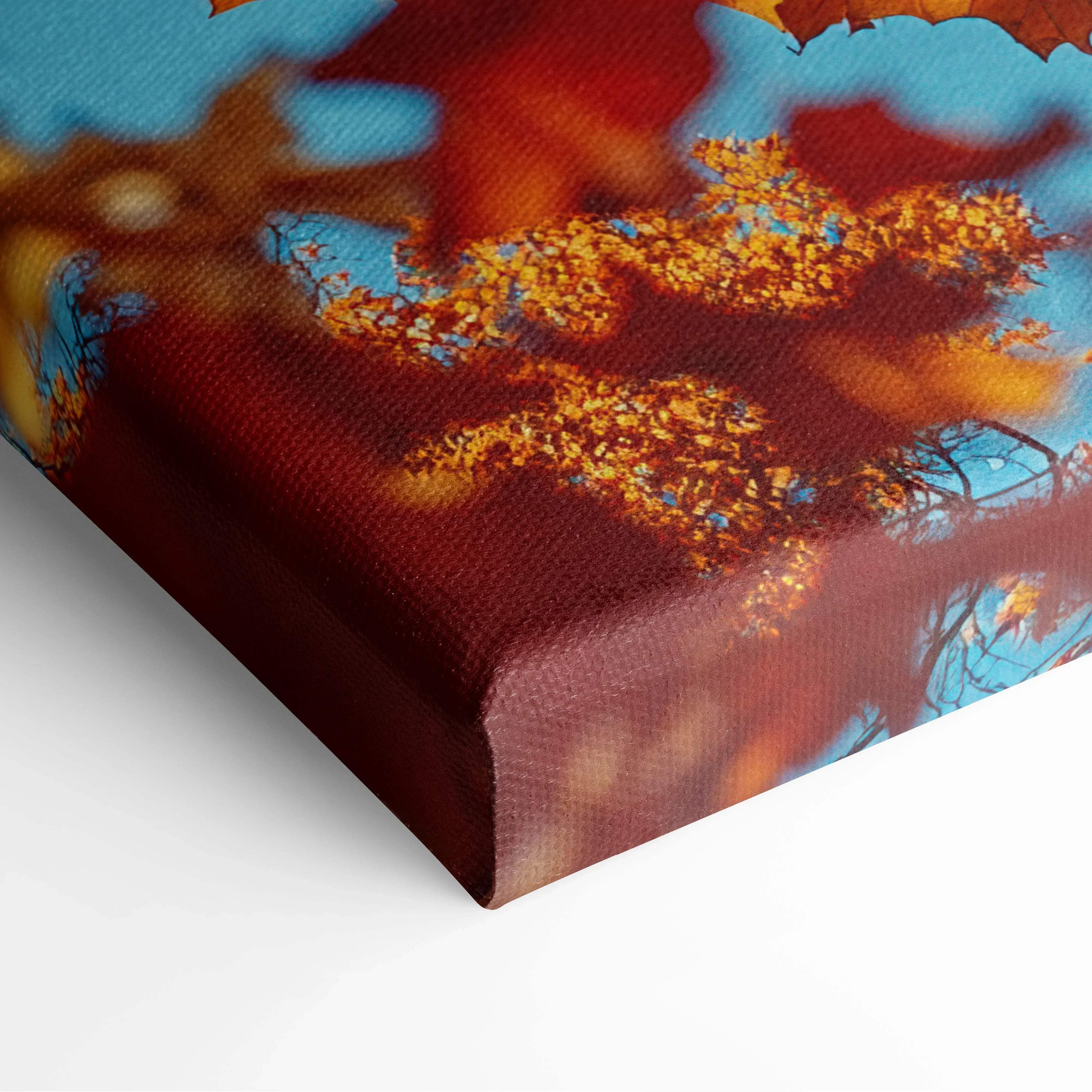 Autumn landscape canvas wall art featuring vibrant golden and orange leaves against a bright blue sky
