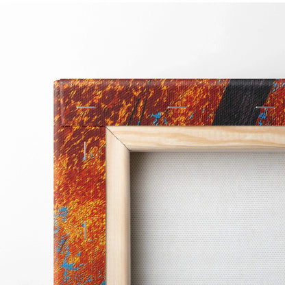 Close-up of autumn forest canvas wall art with vibrant orange and blue tones on stretched wooden frame.
