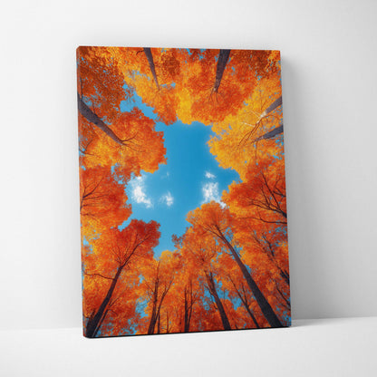 Autumn forest view with orange leaves and blue sky on vertical canvas wall art.