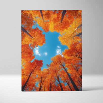 Canvas wall art of bright autumn forest trees with orange leaves against a blue sky, vertical layout.