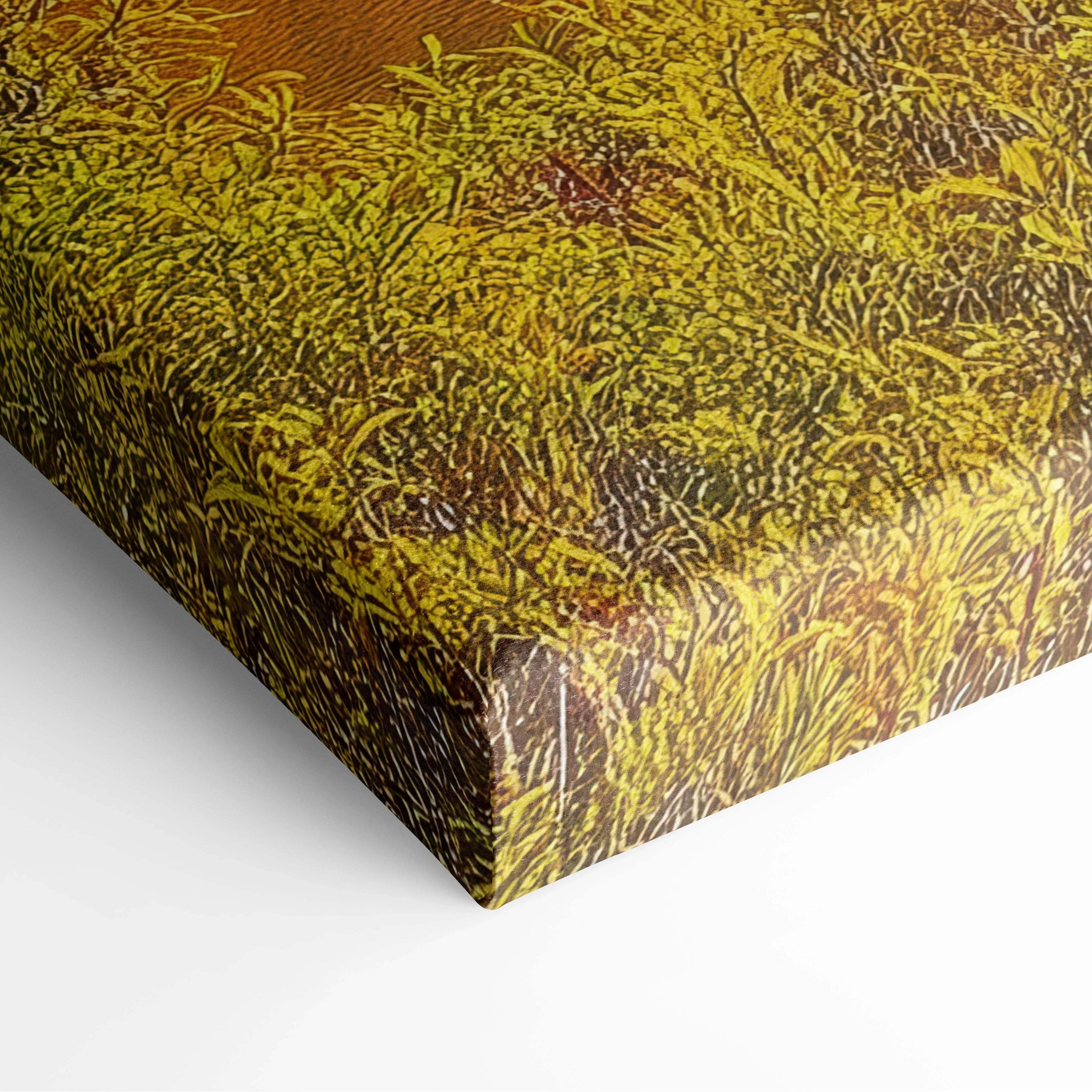 Autumn mountain landscape with vibrant red, orange, and golden foliage canvas wall art corner detail.