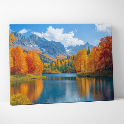Autumn mountains landscape with vibrant red, orange, and golden foliage on canvas wall art.