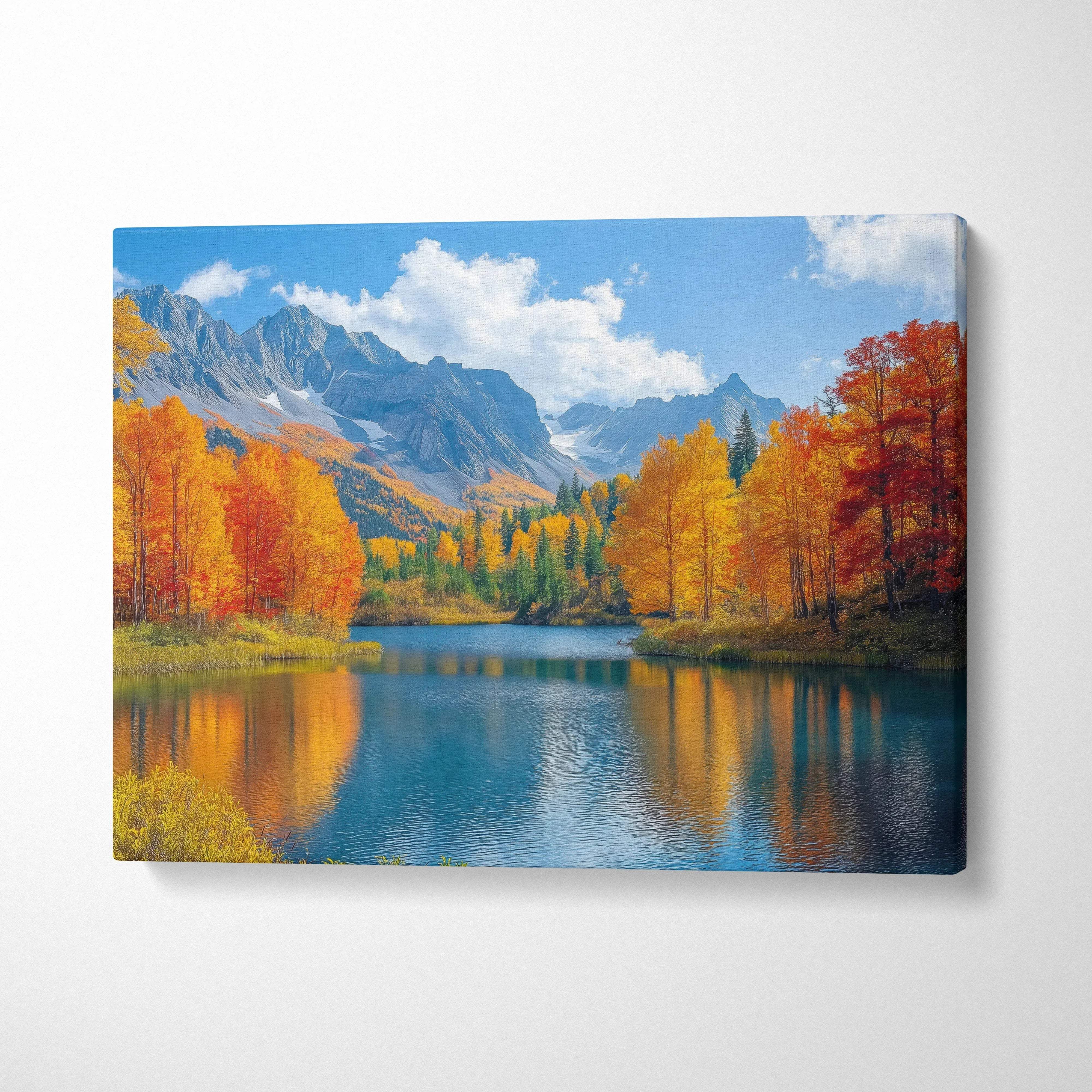 Autumn mountain landscape with vibrant red, orange, and golden trees reflected in a lake on canvas wall art.