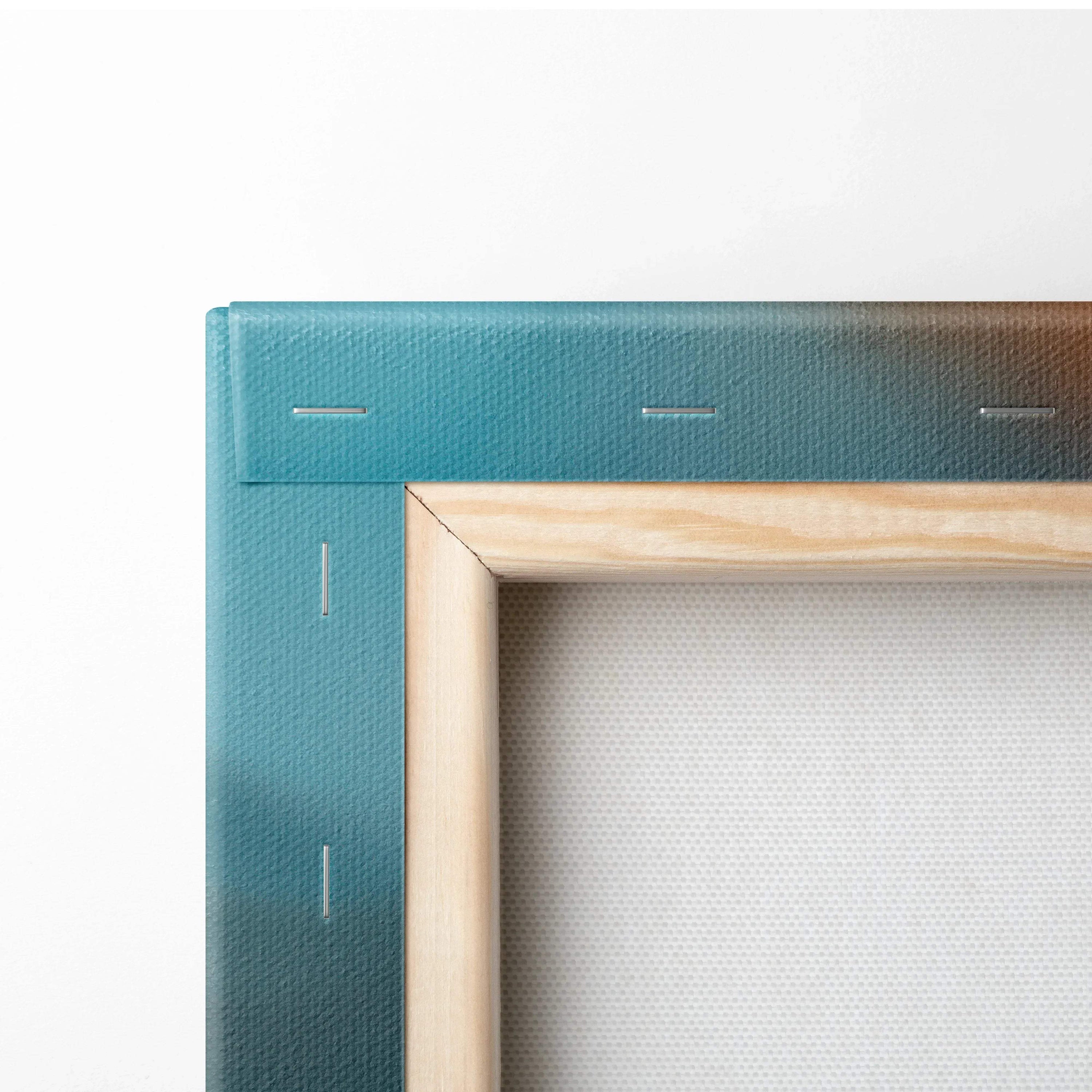 Close-up of teal fabric-wrapped canvas stretcher with wooden frame corner for wall art display.