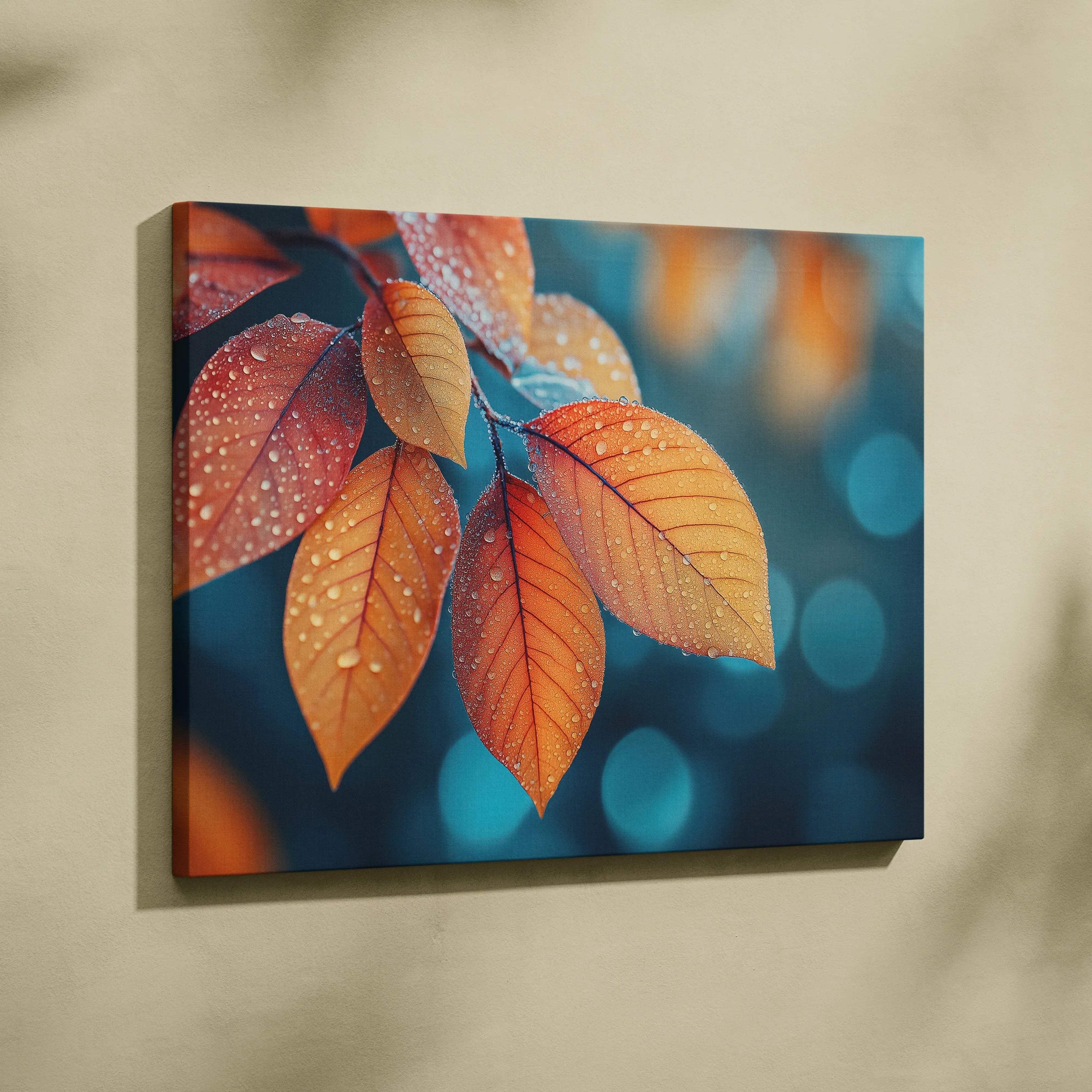 Autumn leaves with water droplets in warm orange tones on a canvas wall art with blurred blue background.