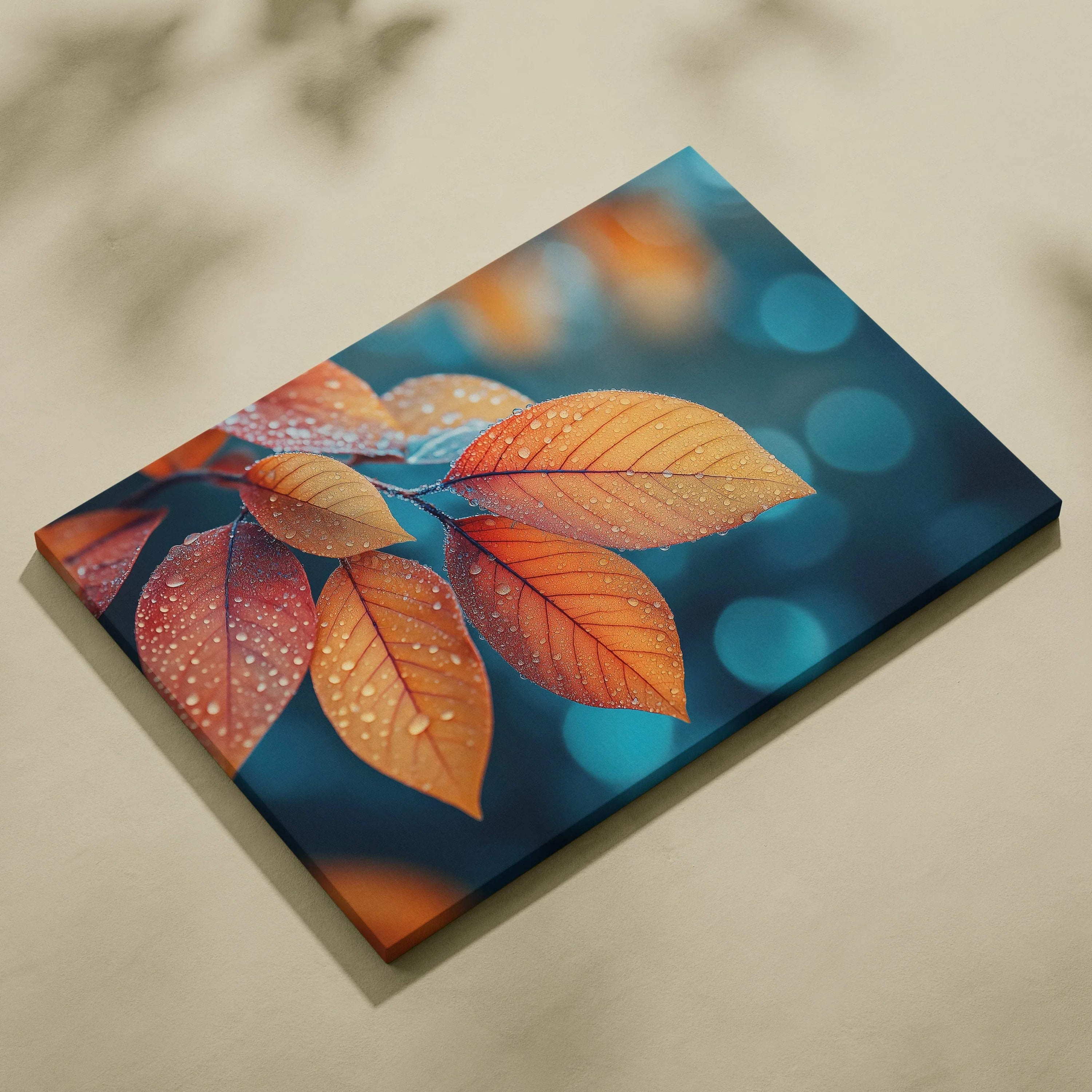 Canvas art featuring vibrant orange autumn leaves with water droplets against a blue bokeh background, wall art for nature.