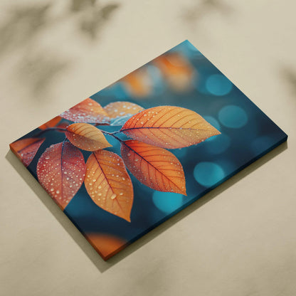 Canvas art featuring vibrant orange autumn leaves with water droplets against a blue bokeh background, wall art for nature.