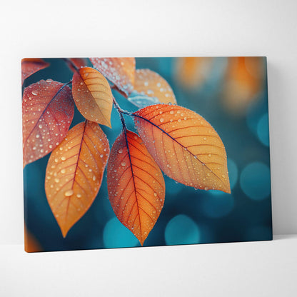 Canvas art featuring close-up of orange autumn leaves with water droplets against a blue bokeh background, wall art.