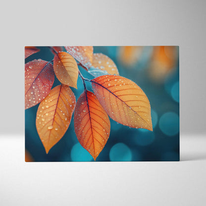 Autumn leaves with water droplets in golden and orange tones on canvas art wall decor.